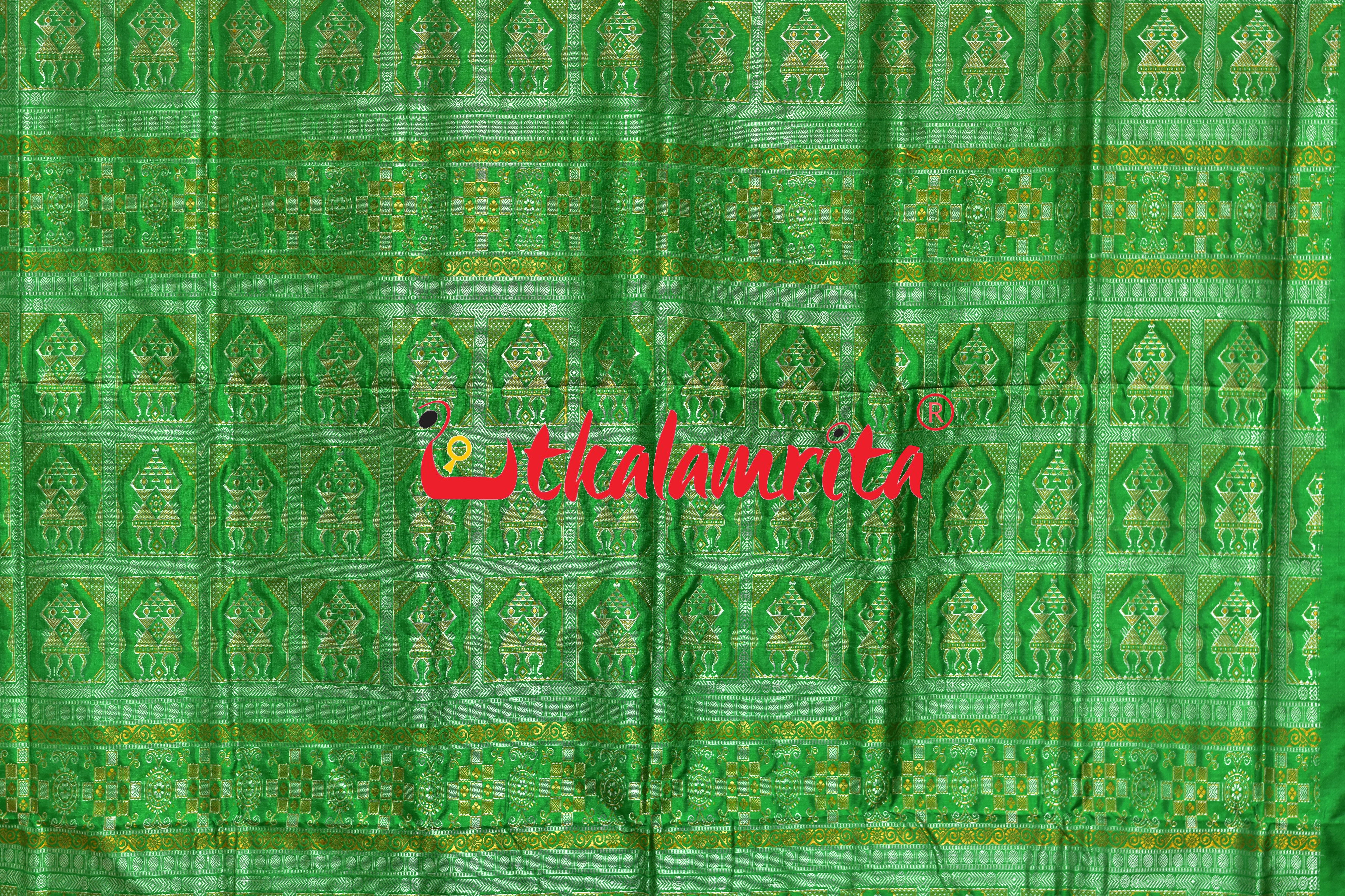 Frooti Golden Green Dhaana Tribal Bomkai Silk Saree