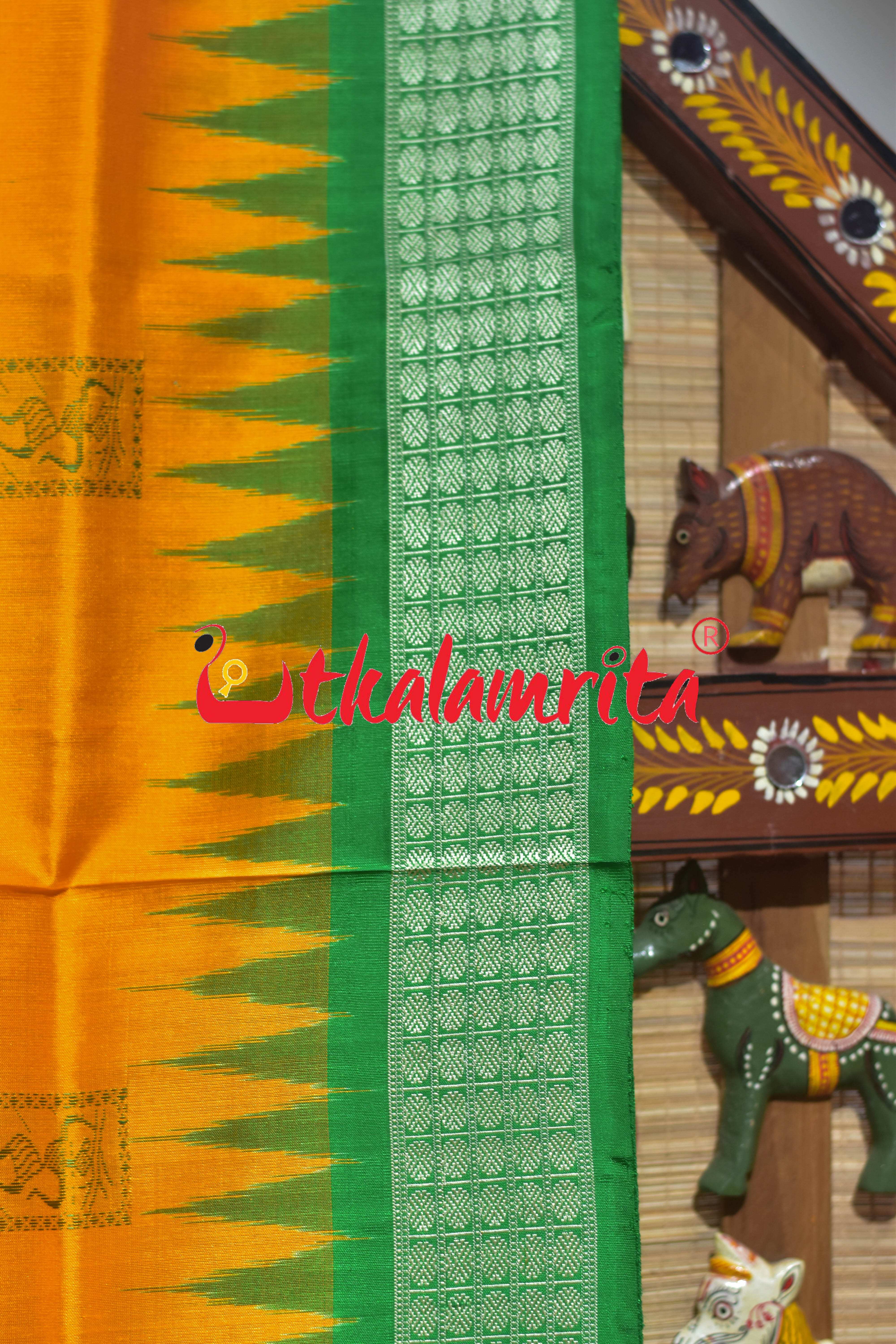 Frooti Golden Green Dhaana Tribal Bomkai Silk Saree