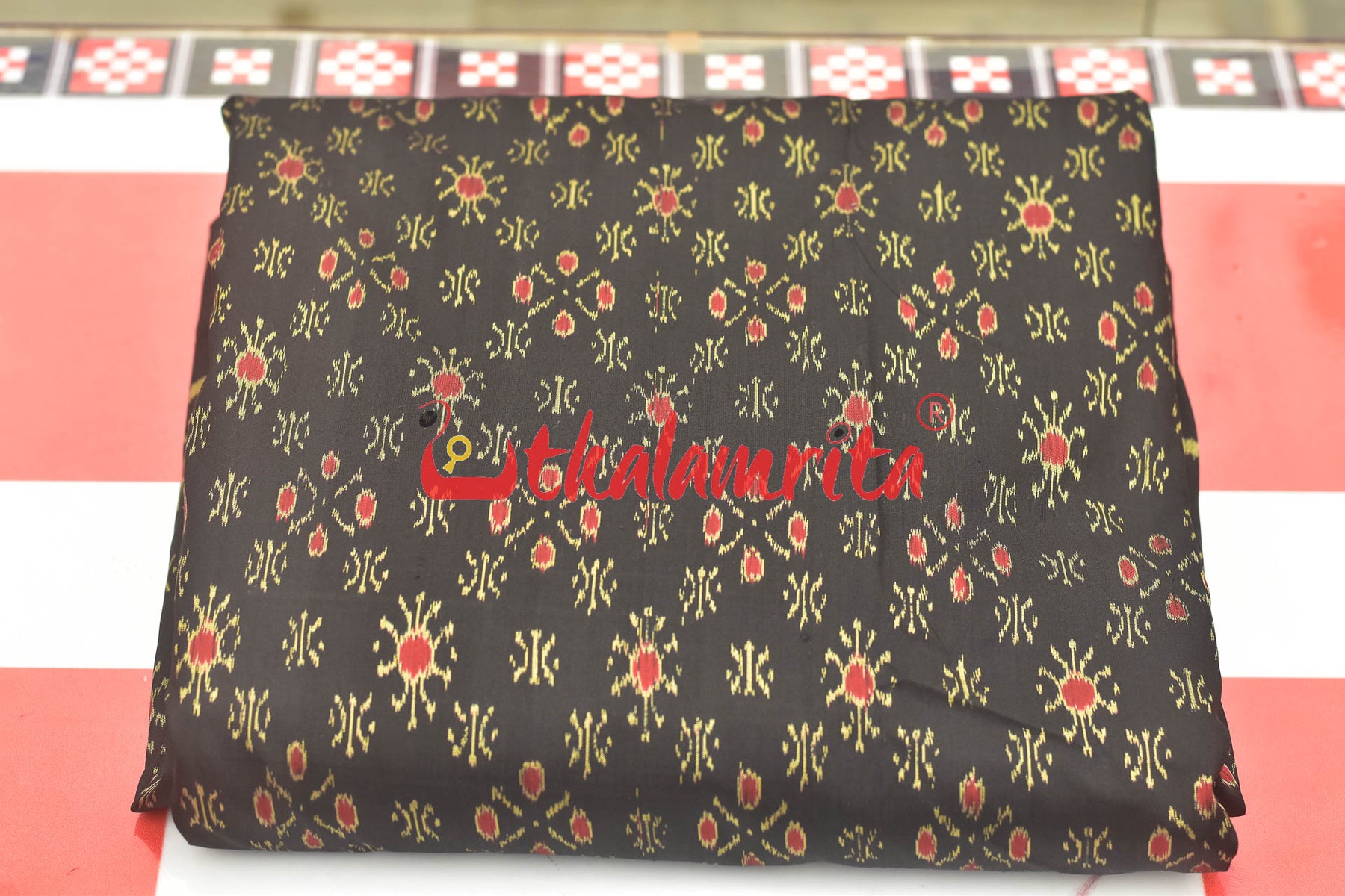 Black Red Star Flower Sambalpuri Silk (Fabric)