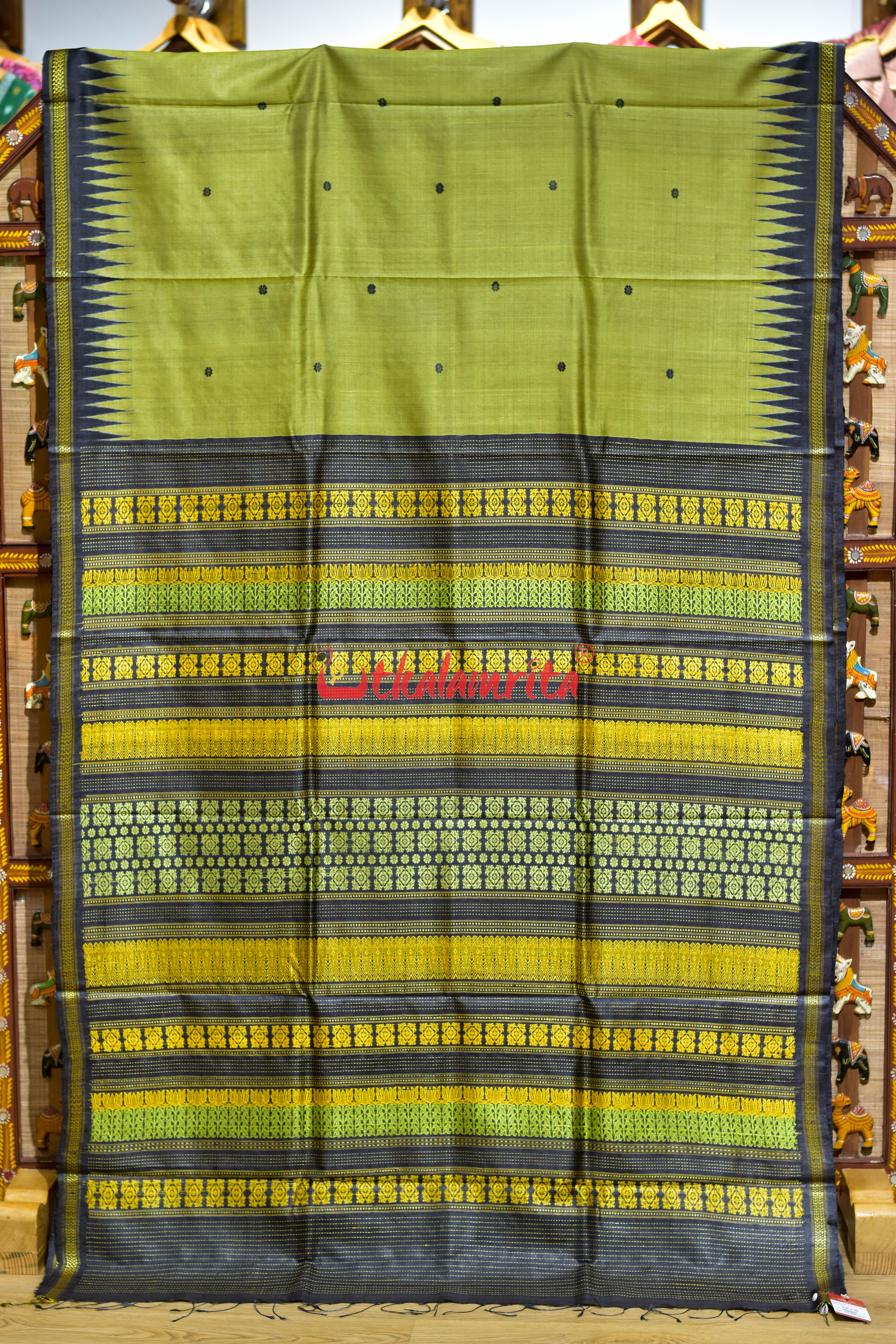 Olive Green Dobby Anchal Gopalpur Tussar Silk Saree