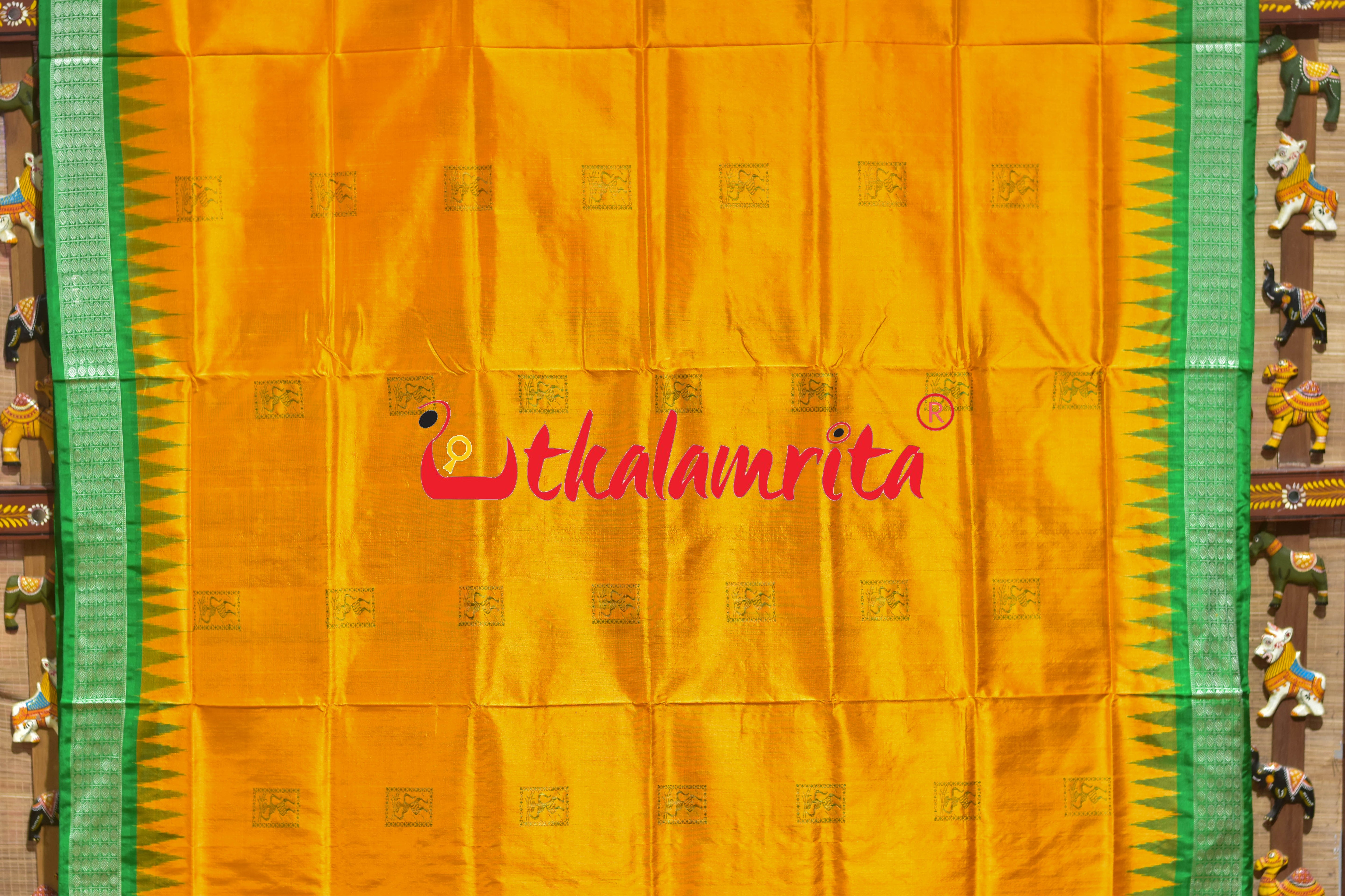 Frooti Golden Green Dhaana Tribal Bomkai Silk Saree