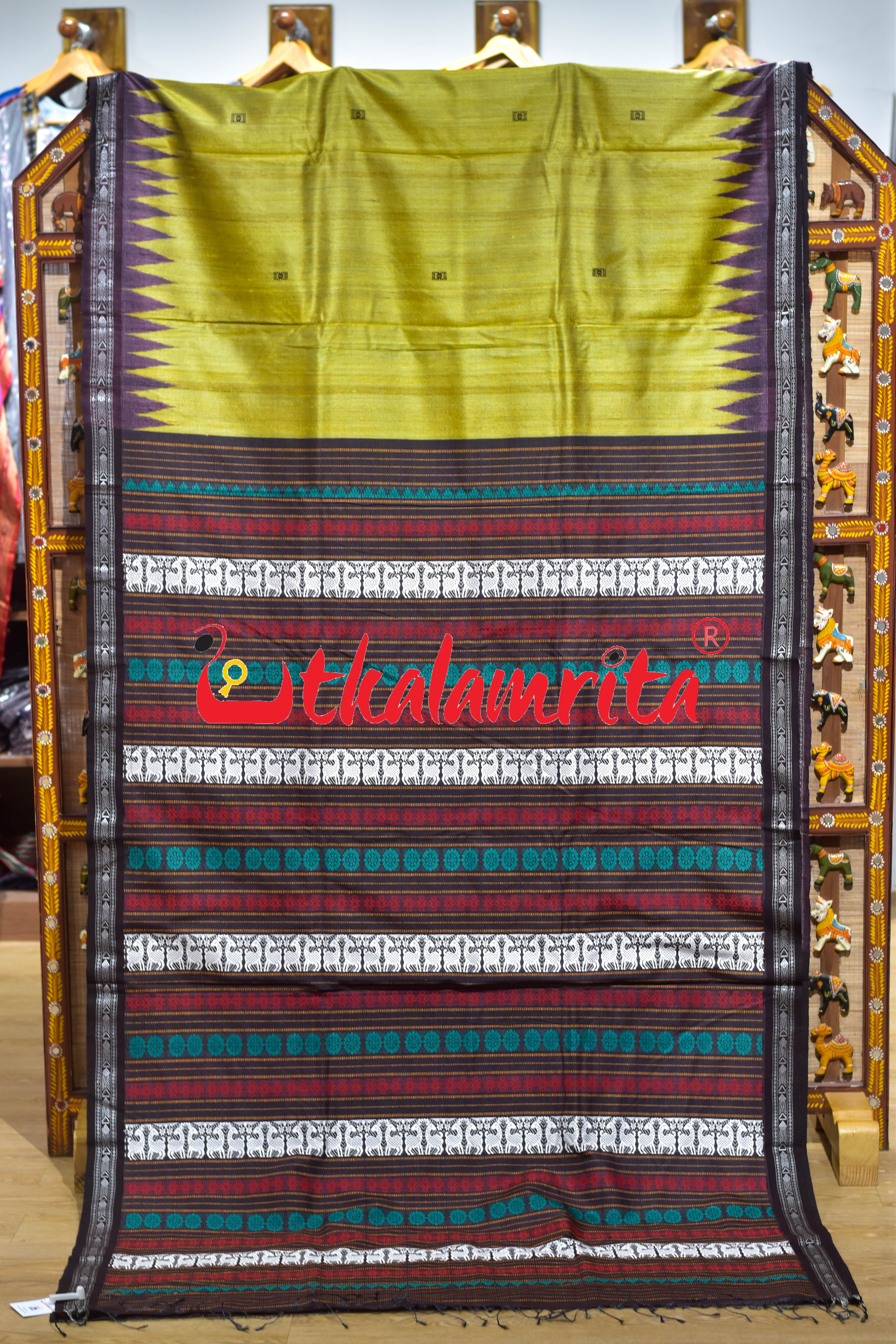 Mustard Yellow Coffee Double Anchal Fine Gopalpur Tussar Saree