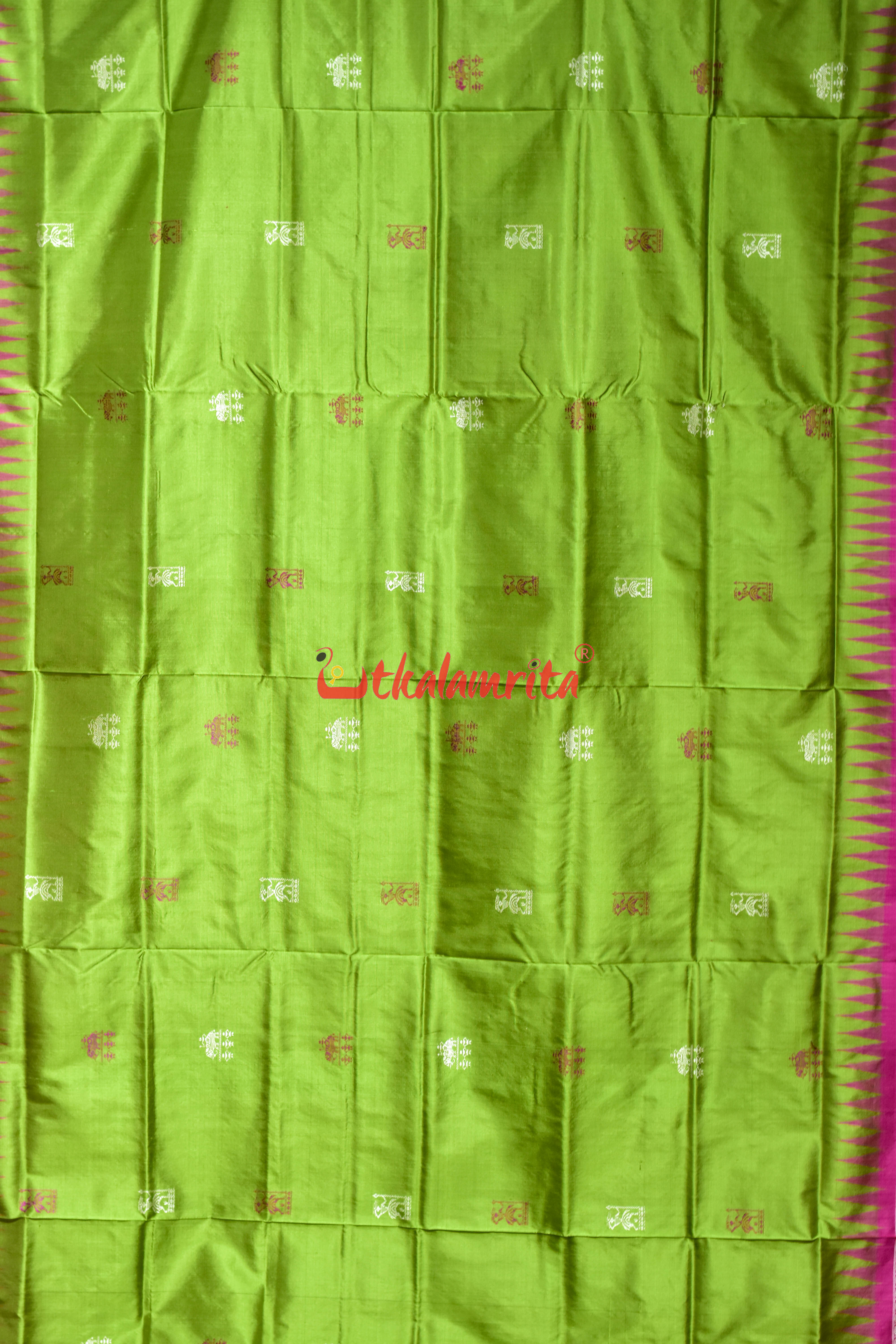 Green Pink Tribal Elephant Bomkai Silk Saree