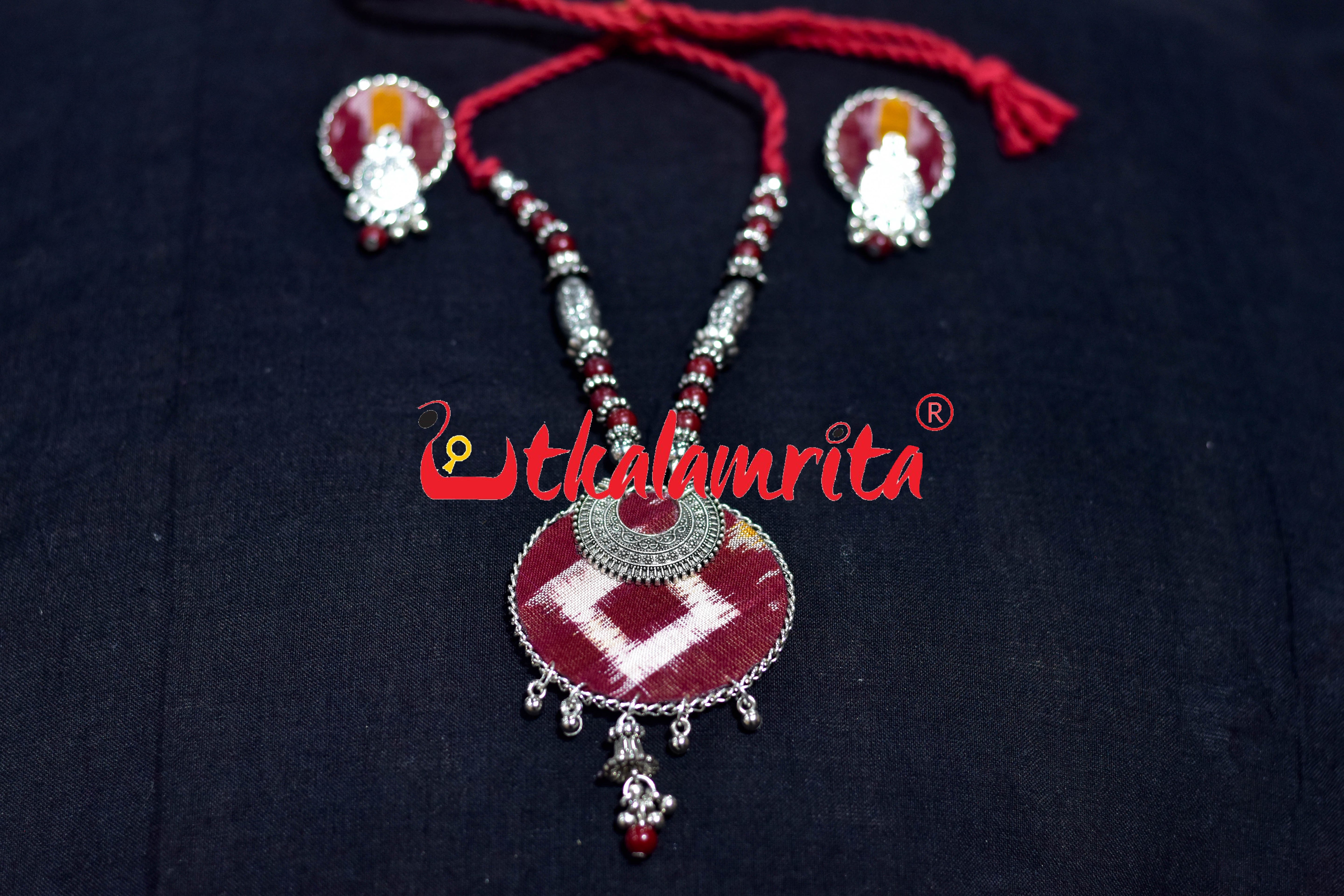 Round Single Pasapali Maroon Silver Necklace Set