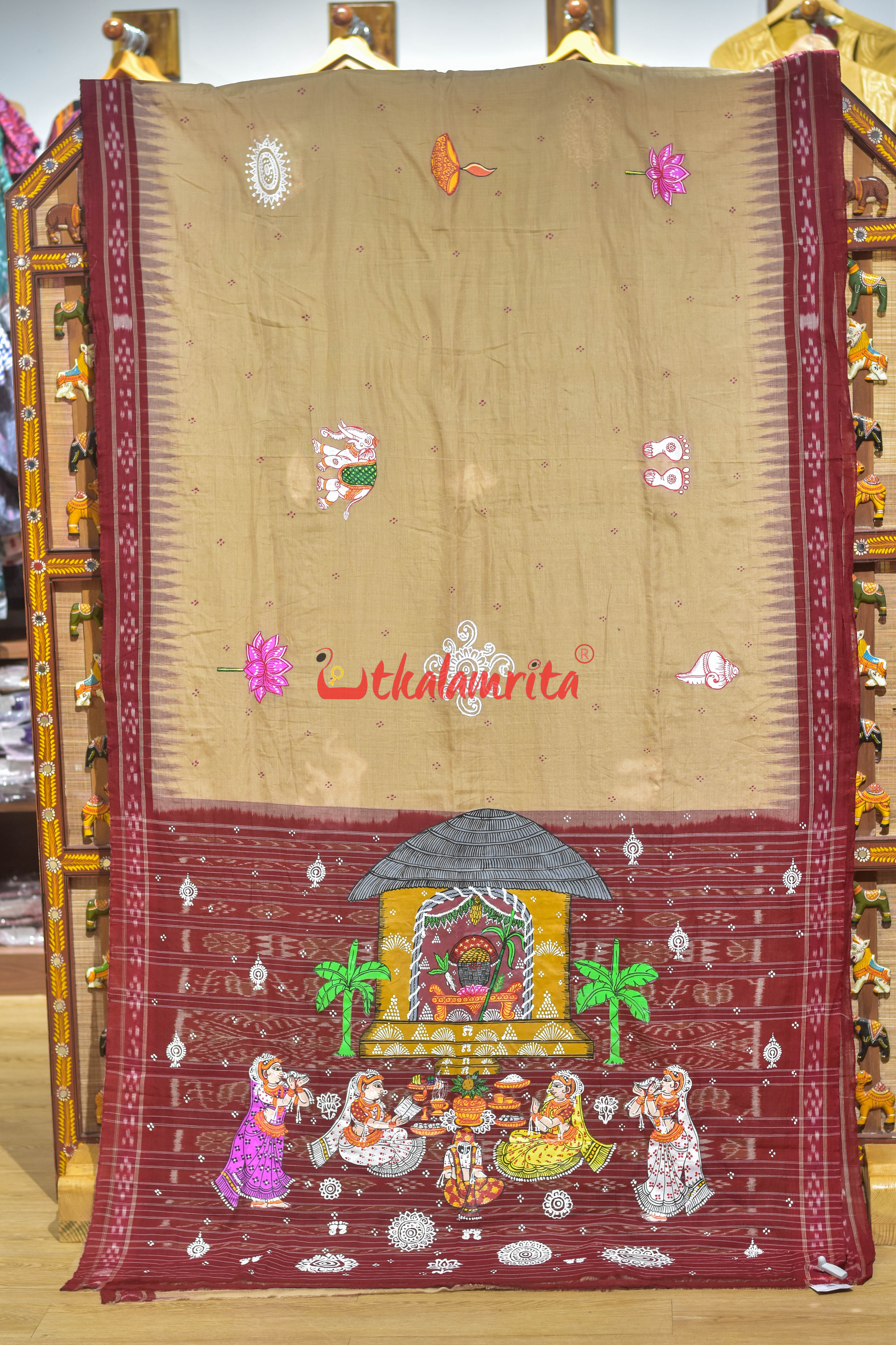 Ghee Maroon Laxmi Puja Pattachitra Cotton Saree