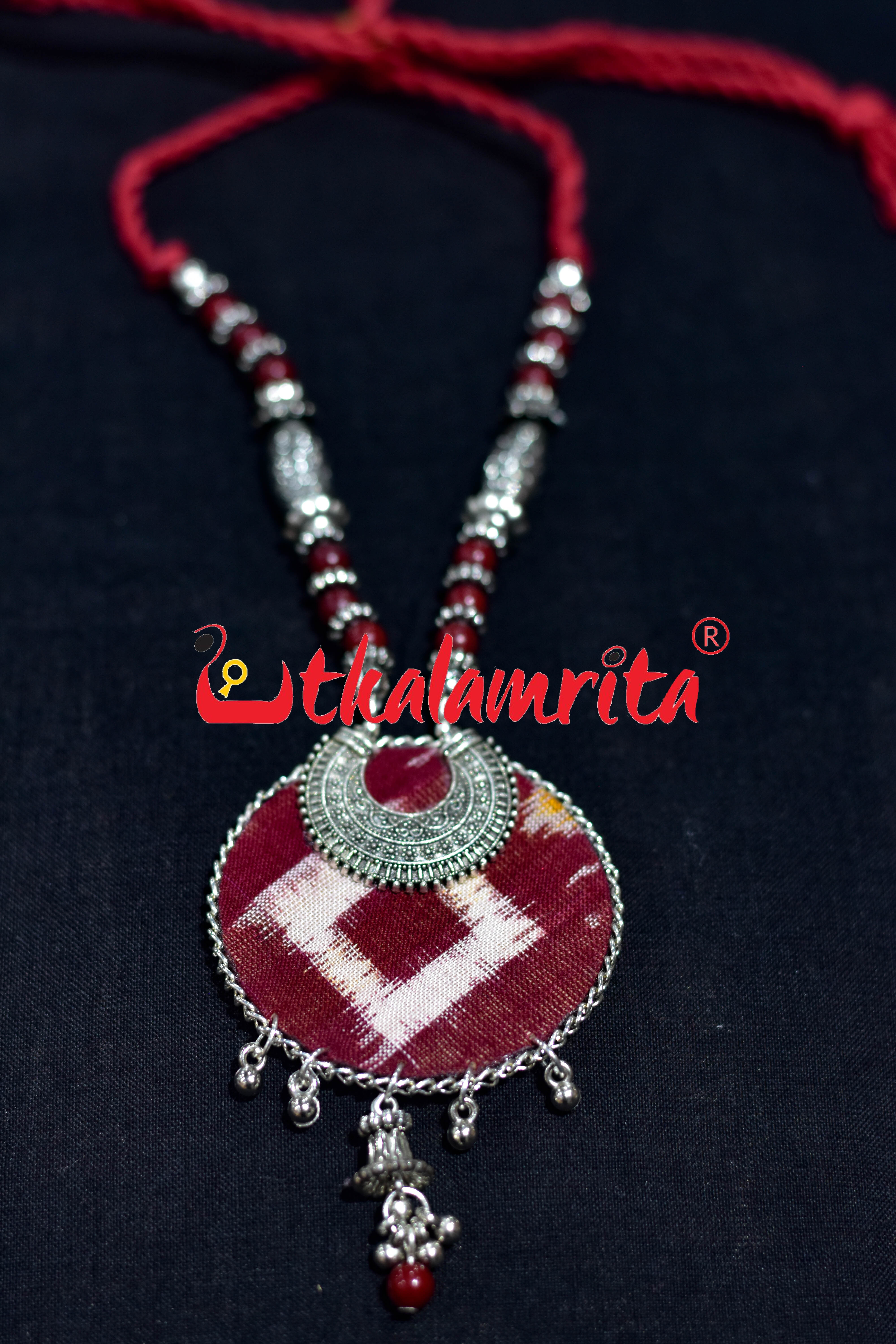 Round Single Pasapali Maroon Silver Necklace Set