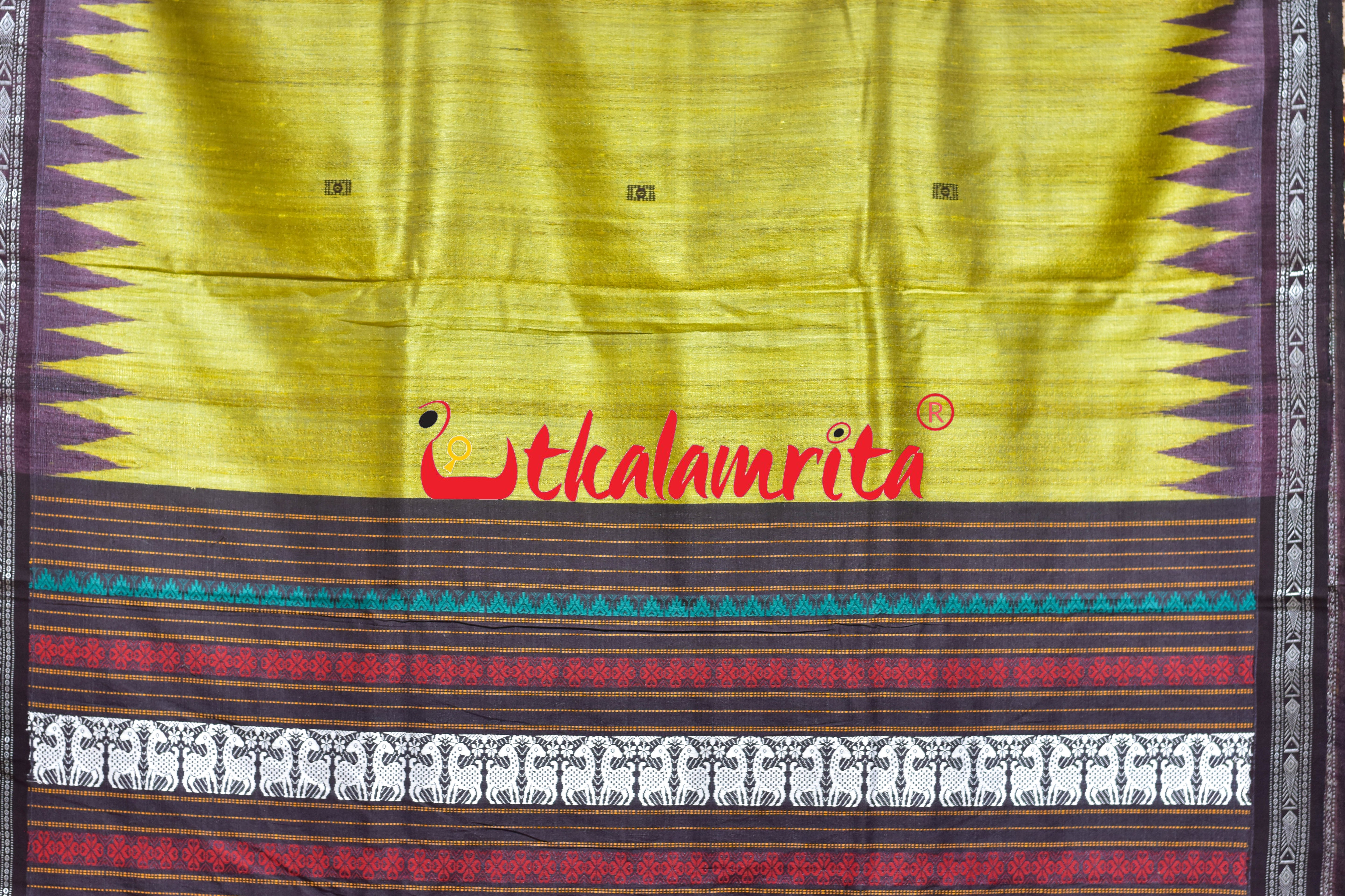 Mustard Yellow Coffee Double Anchal Fine Gopalpur Tussar Saree