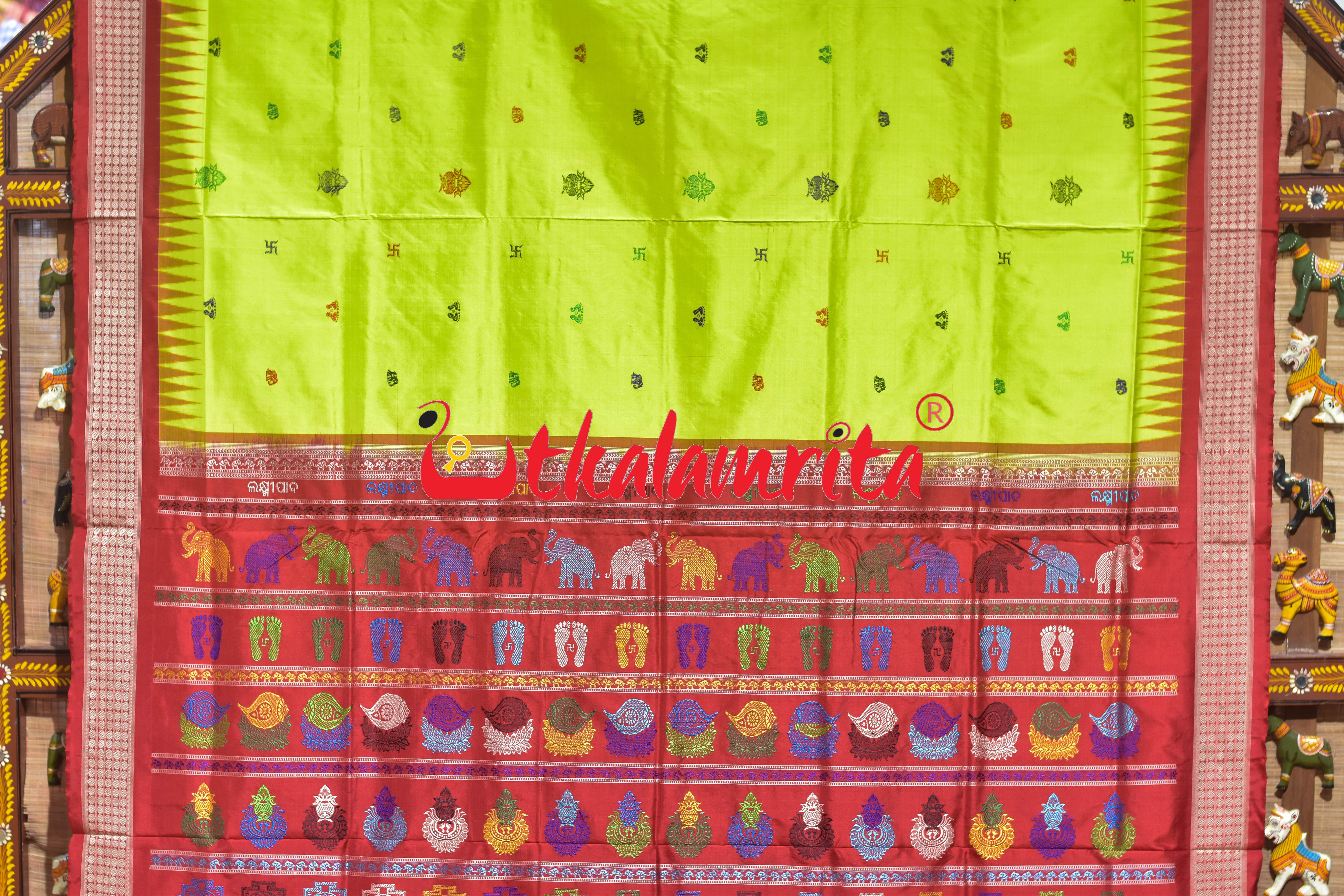 Lakhmi Pada Fluorescent Green Red Bomkai Silk Saree