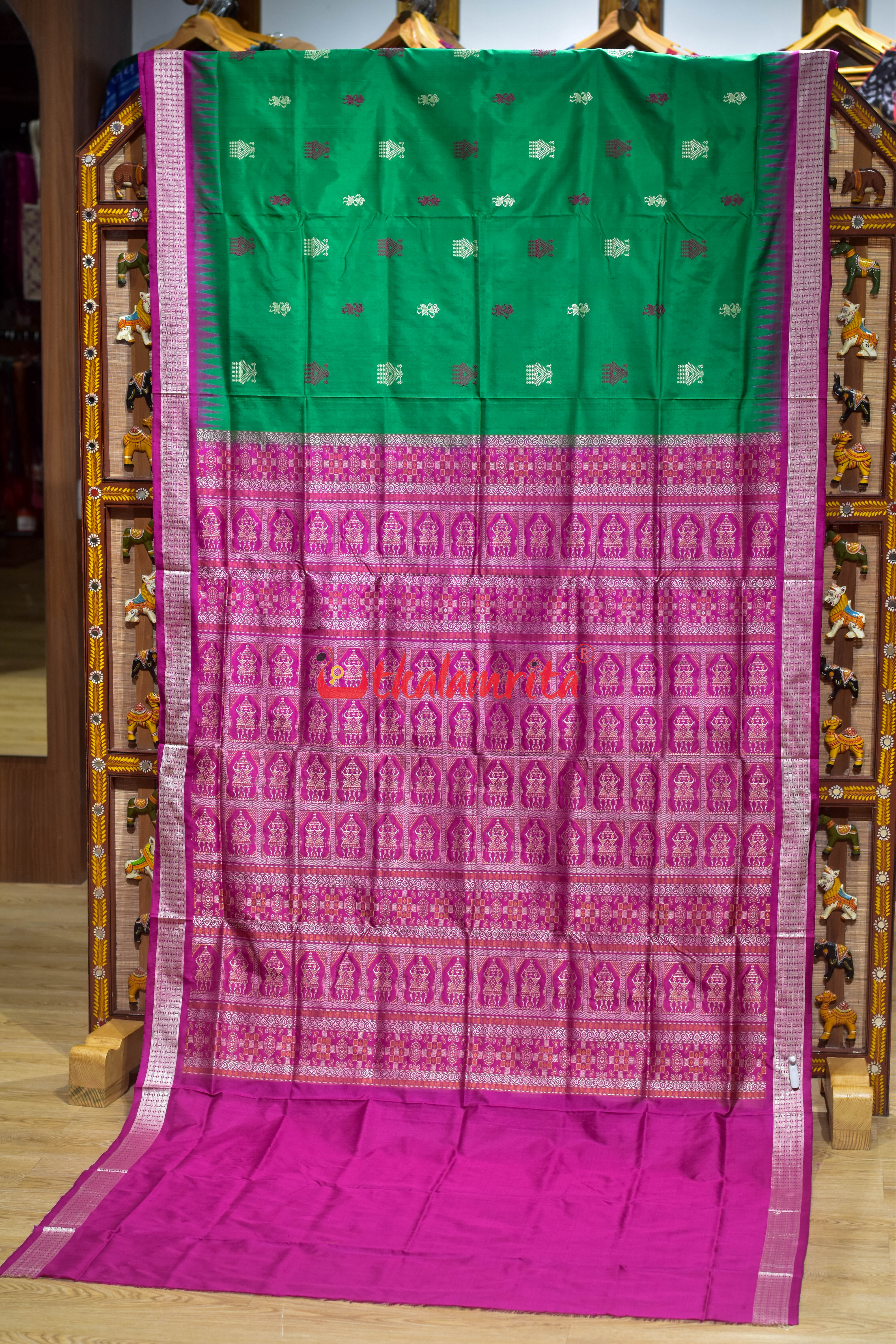 Green Pink Mukuta Bomkai Silk Saree