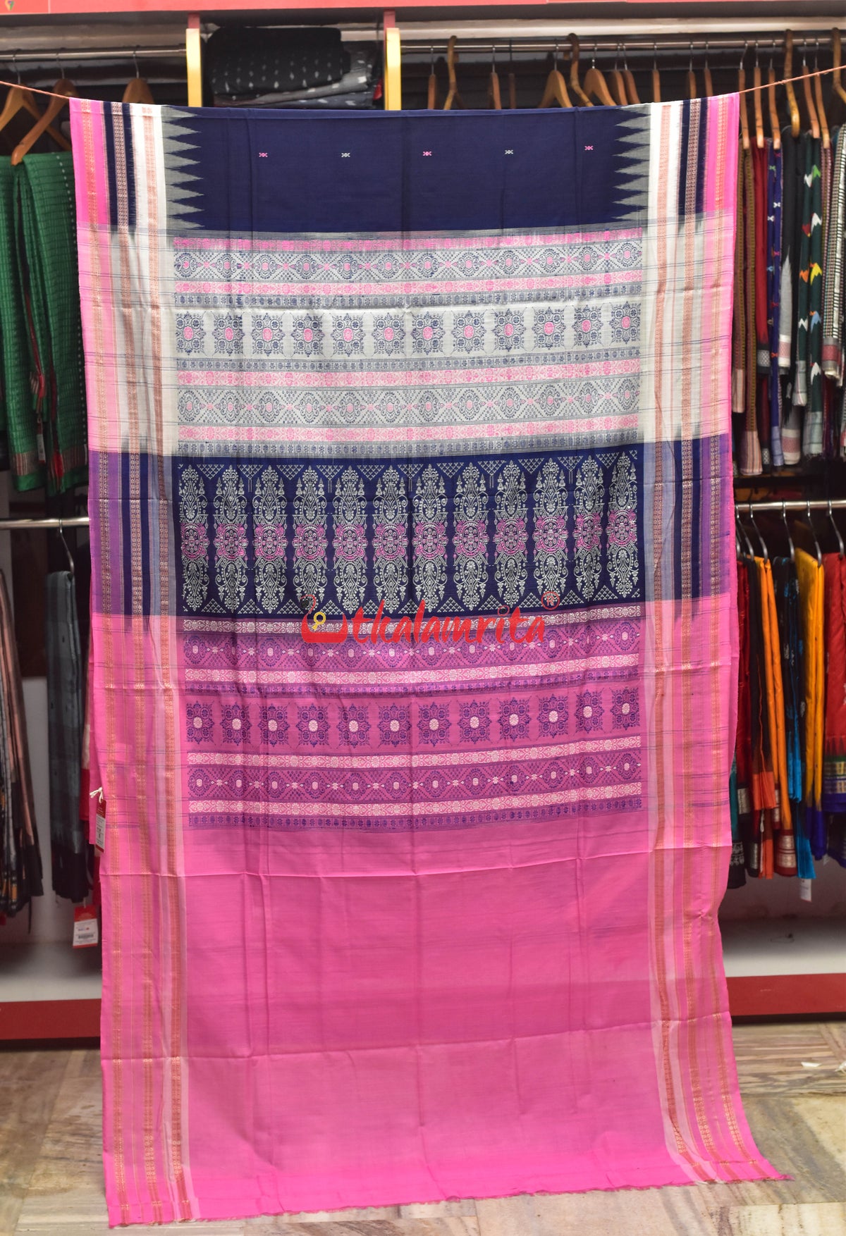 Pink Dhadi Navy Blue Buti Bomkai Cotton Saree