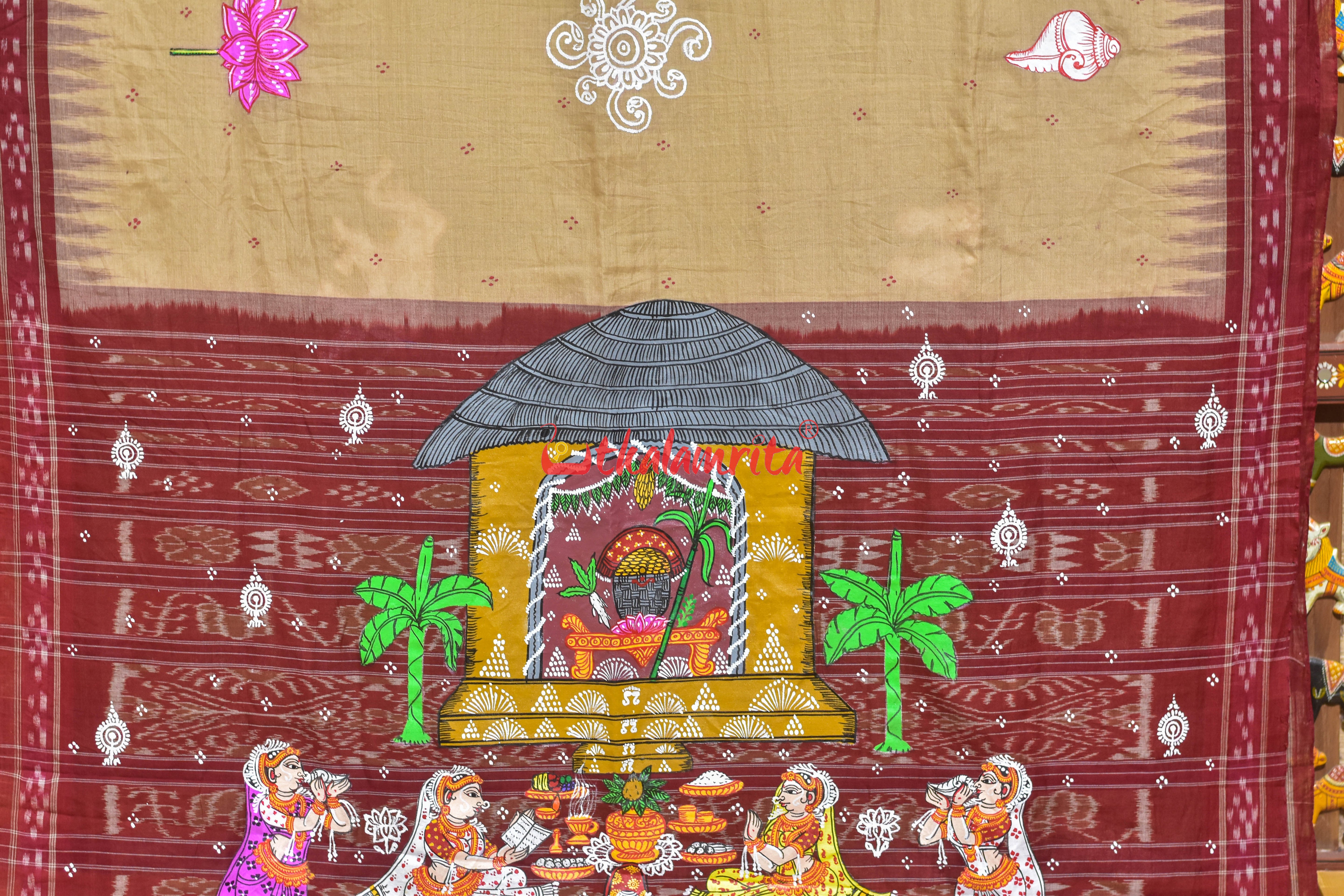 Ghee Maroon Laxmi Puja Pattachitra Cotton Saree