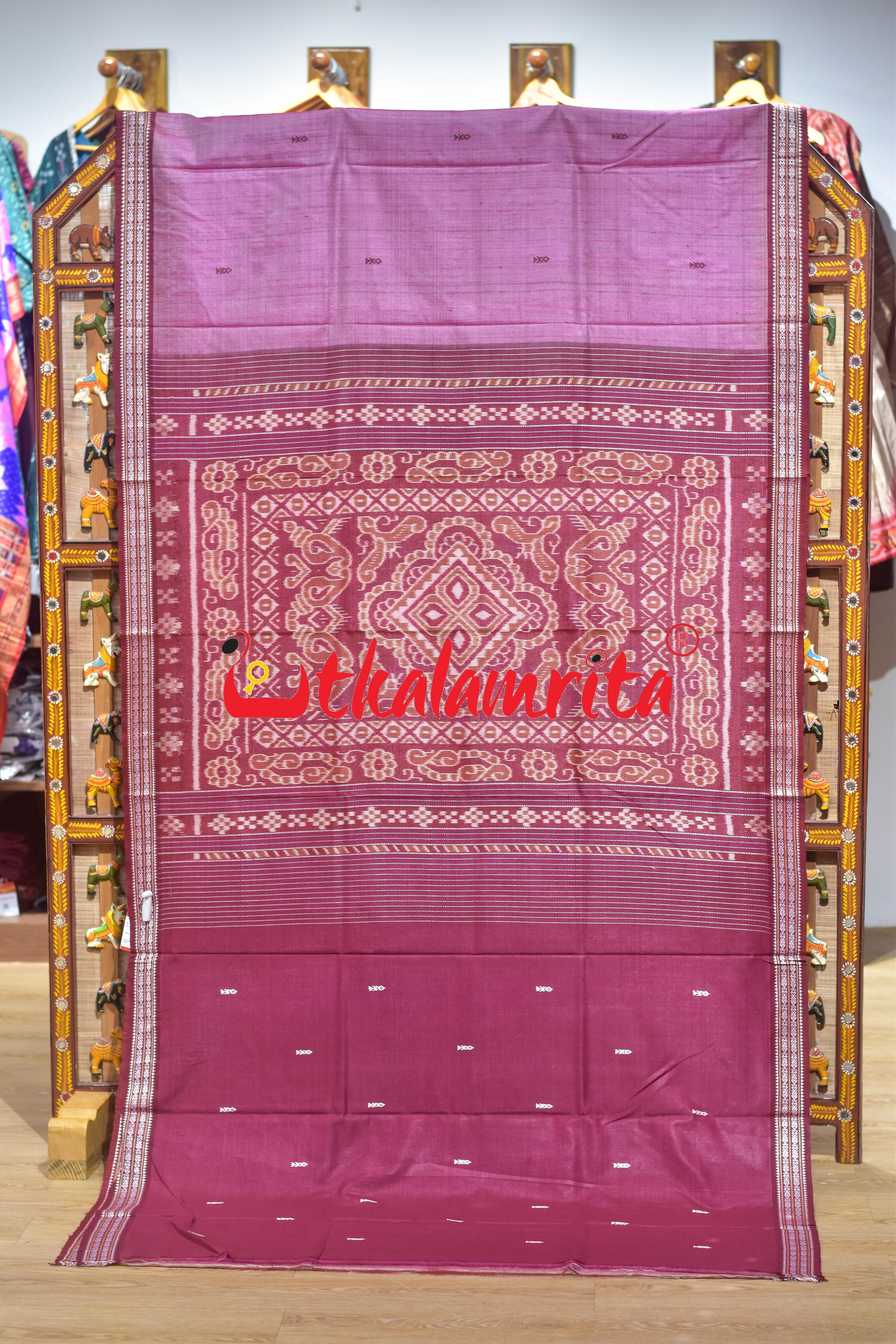 Pink Maroon Fish Buti Anchal Ikat Gopalpur Tussar Saree