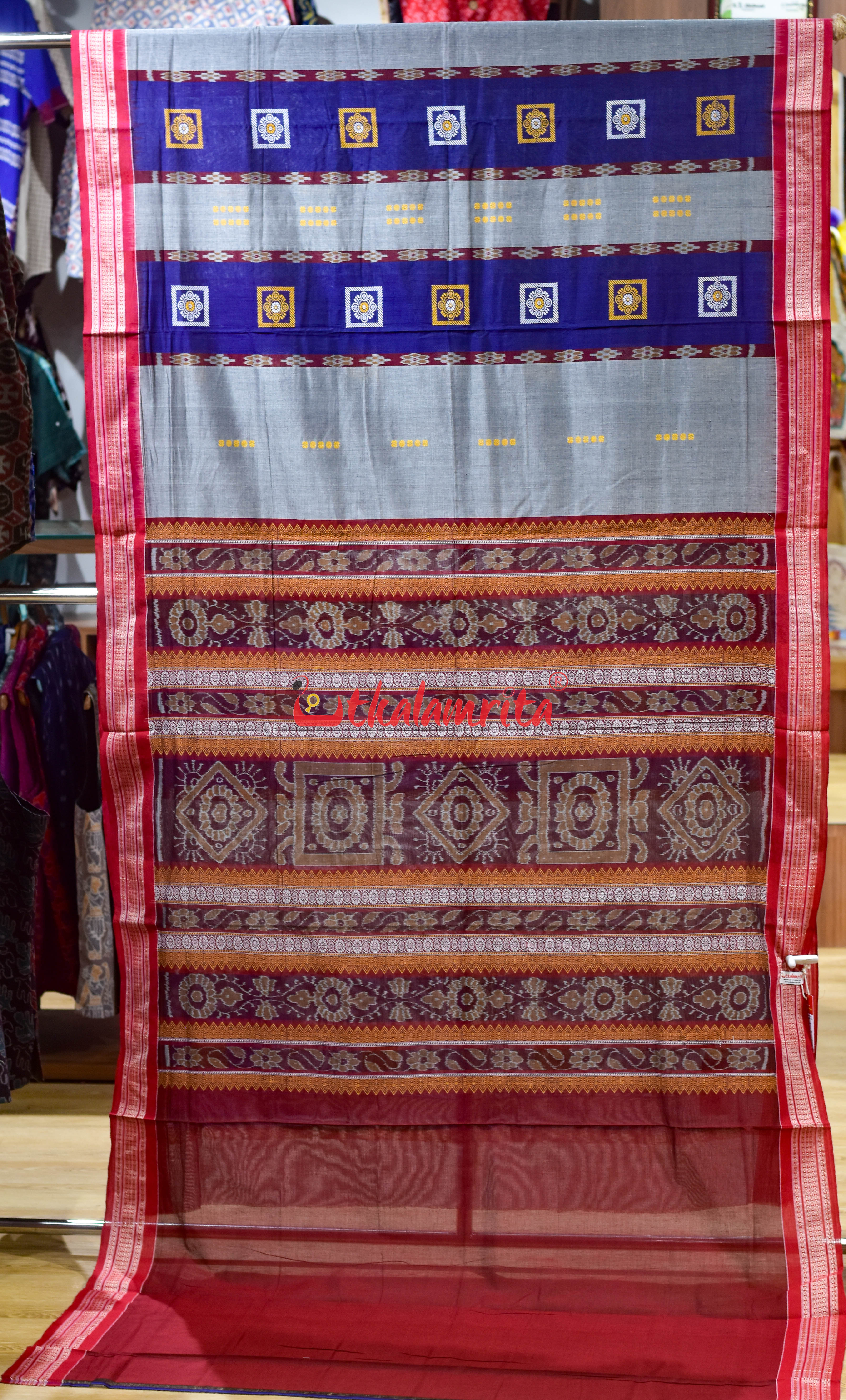 Blue Grey Pere Bandha Bomkai Cotton Saree