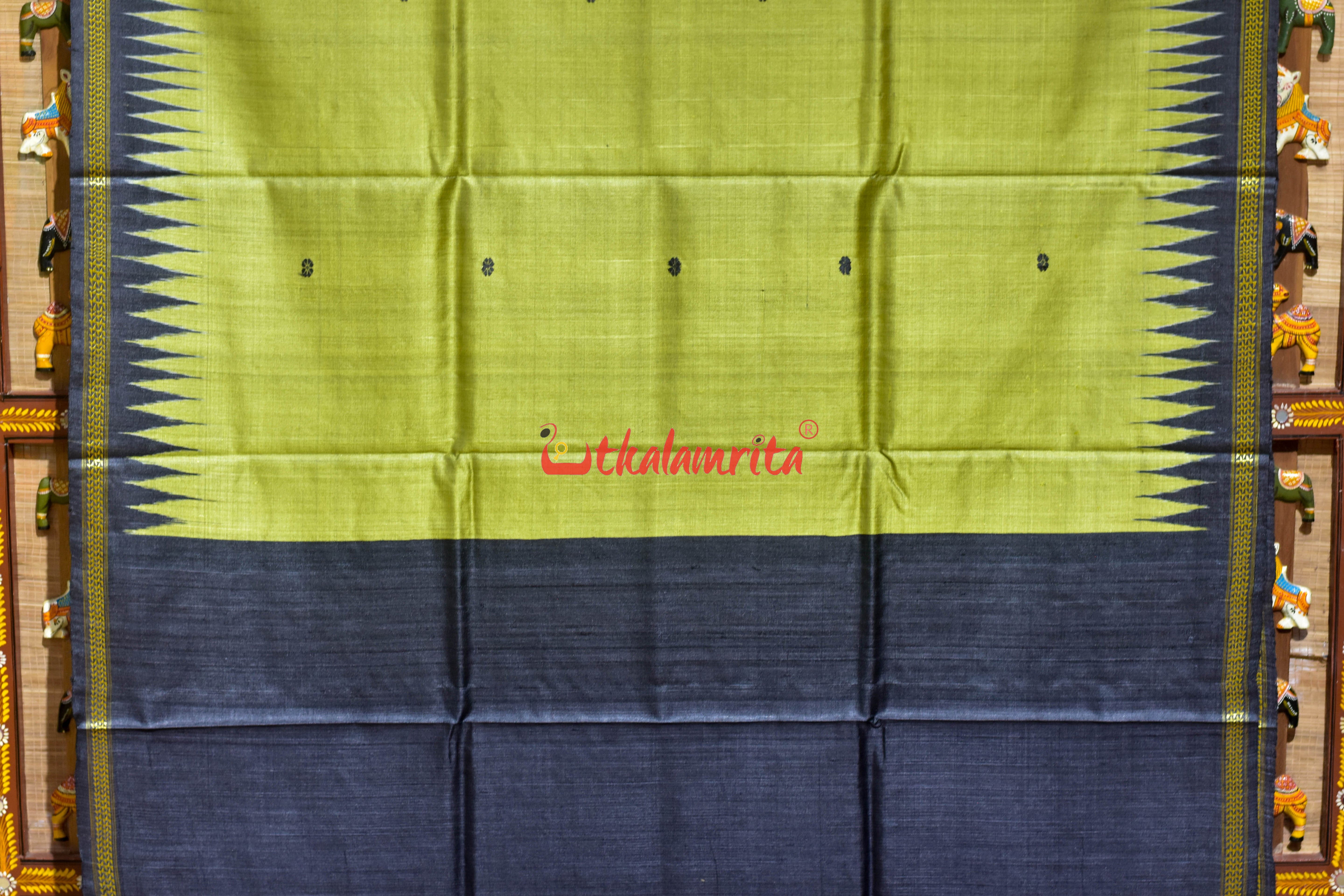 Olive Green Dobby Anchal Gopalpur Tussar Silk Saree