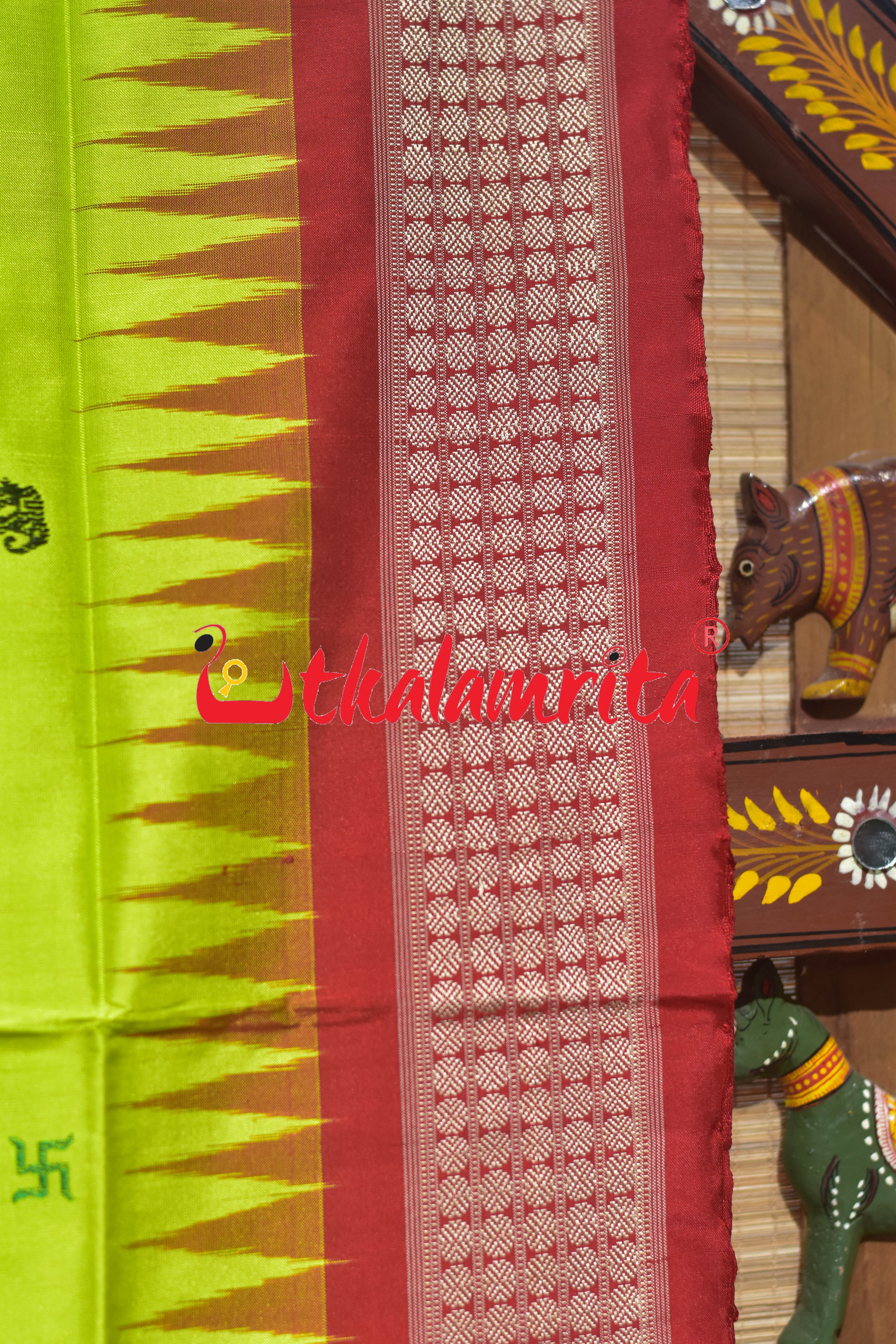 Lakhmi Pada Fluorescent Green Red Bomkai Silk Saree