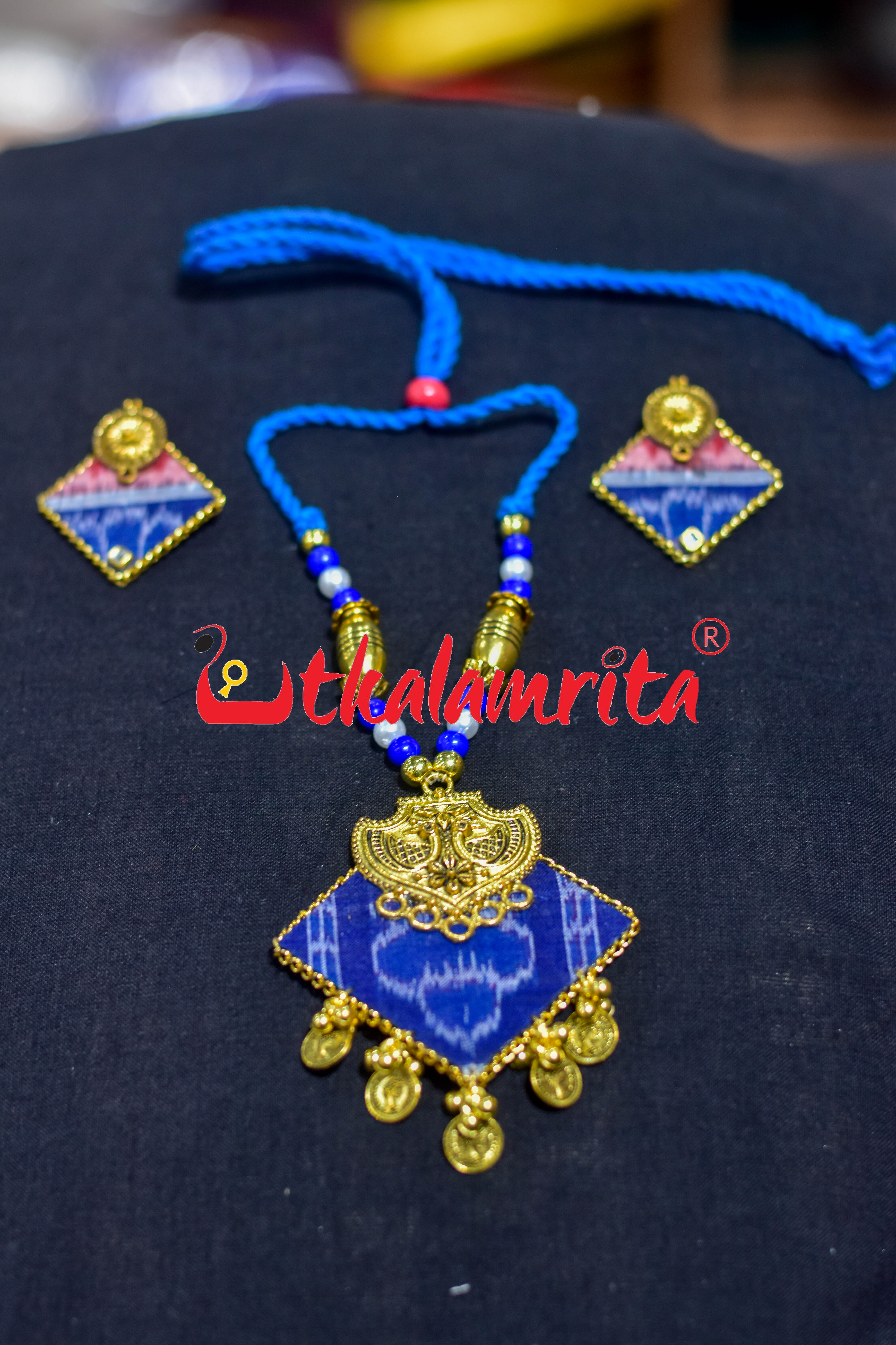 Blue Ikat Golden Mayura Necklace Set