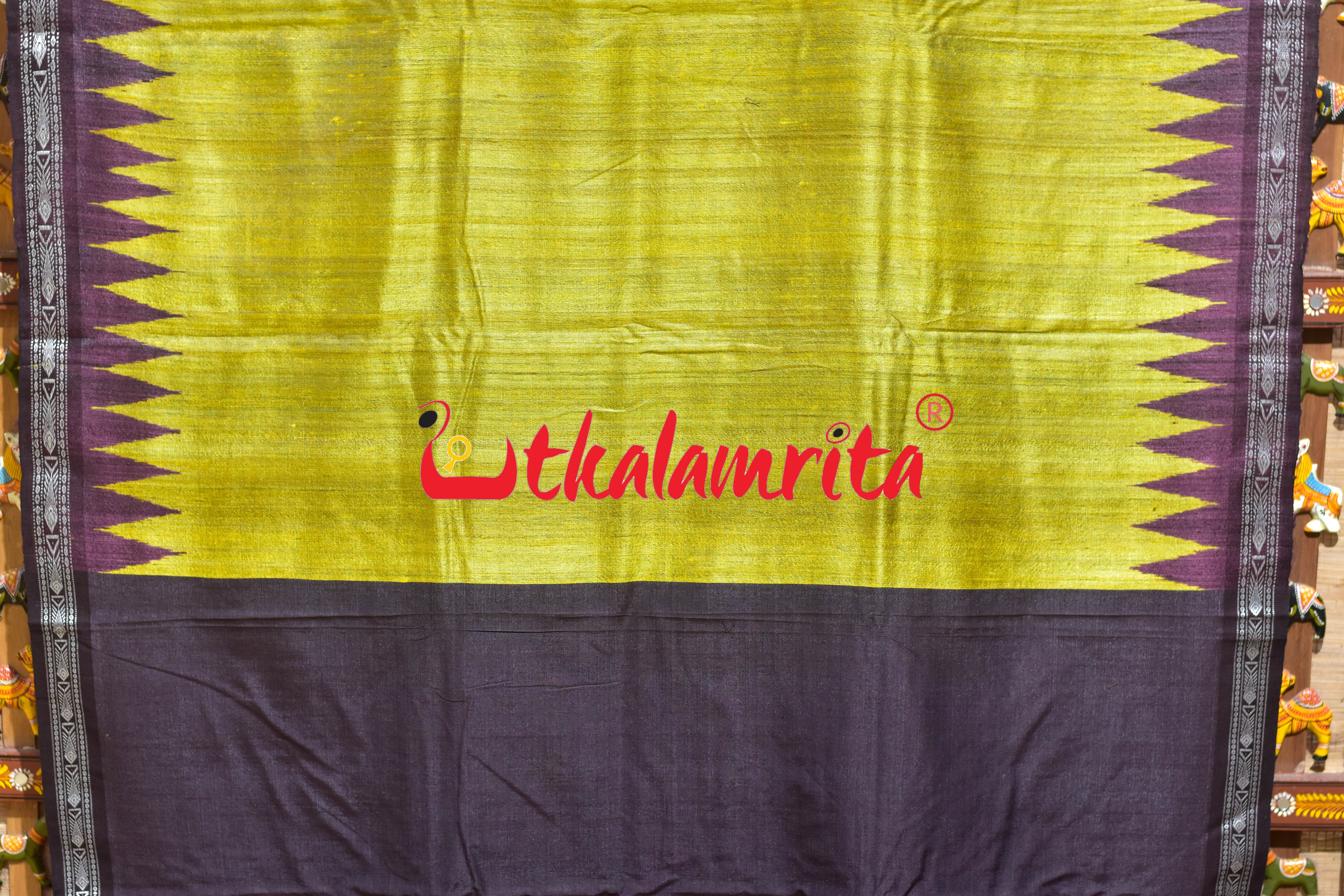 Mustard Yellow Coffee Double Anchal Fine Gopalpur Tussar Saree