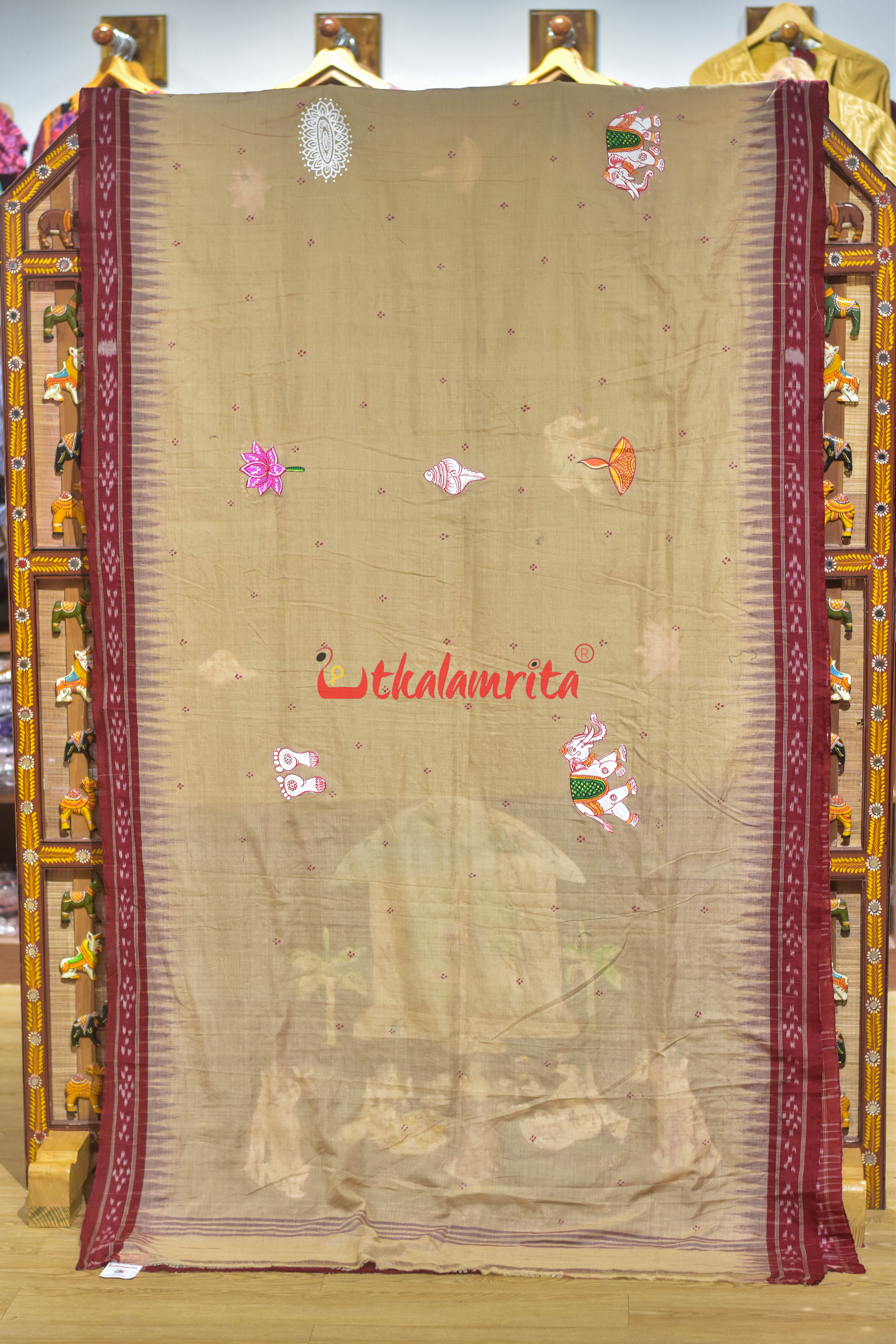 Ghee Maroon Laxmi Puja Pattachitra Cotton Saree