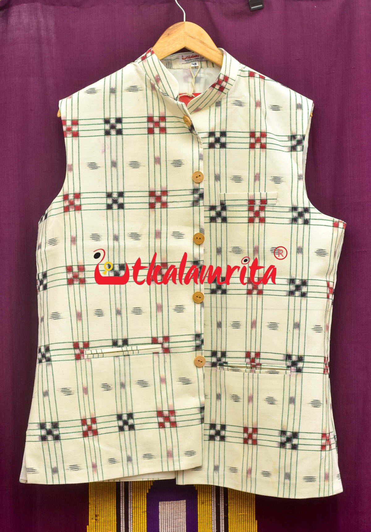 White with Red and Black Pasapali Cotton (Men's Jacket)