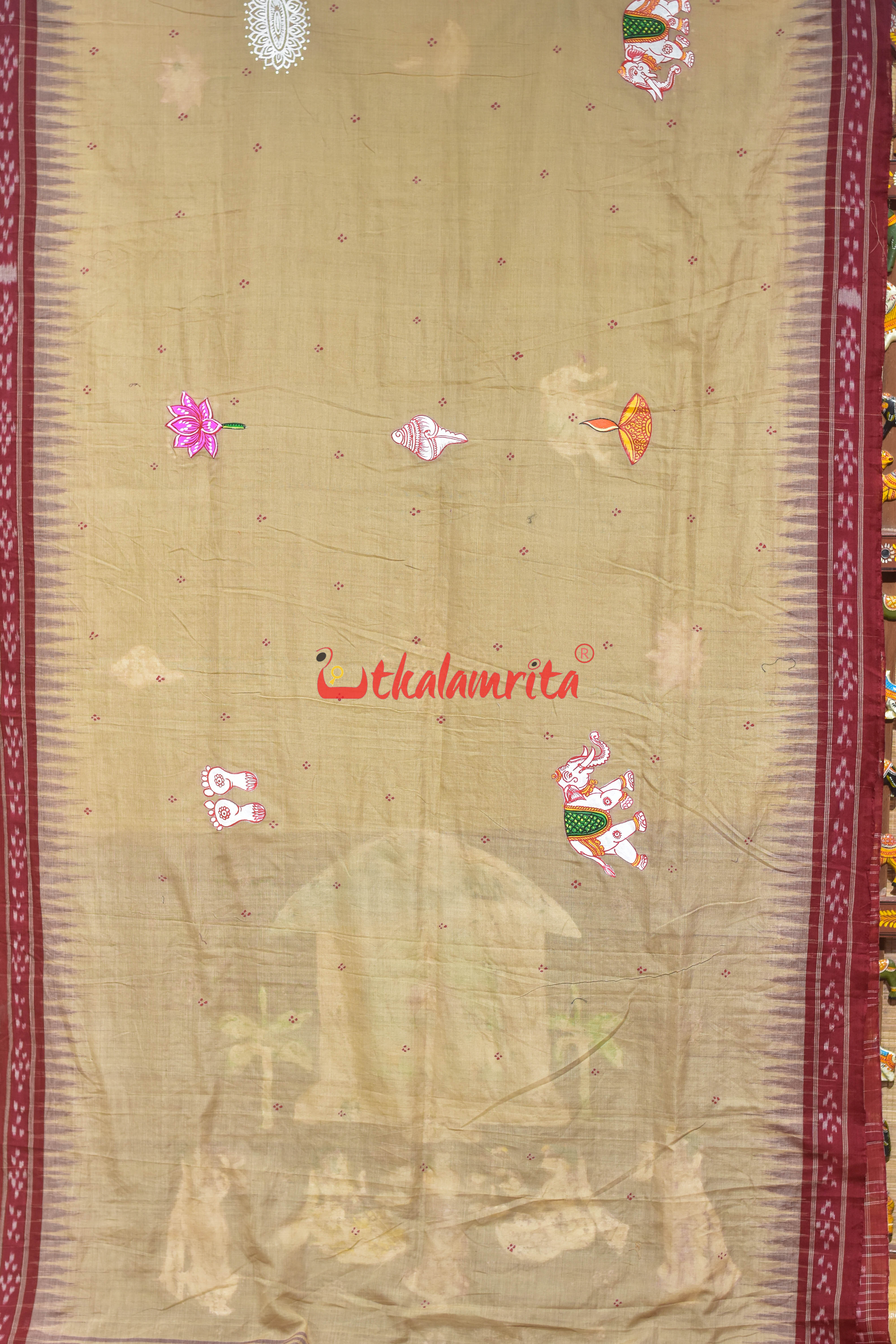 Ghee Maroon Laxmi Puja Pattachitra Cotton Saree