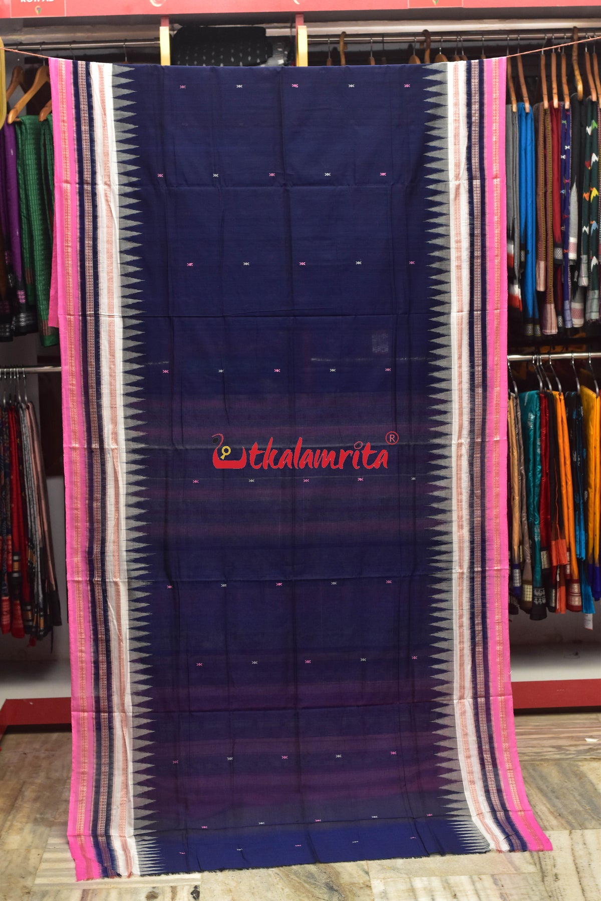 Pink Dhadi Navy Blue Buti Bomkai Cotton Saree