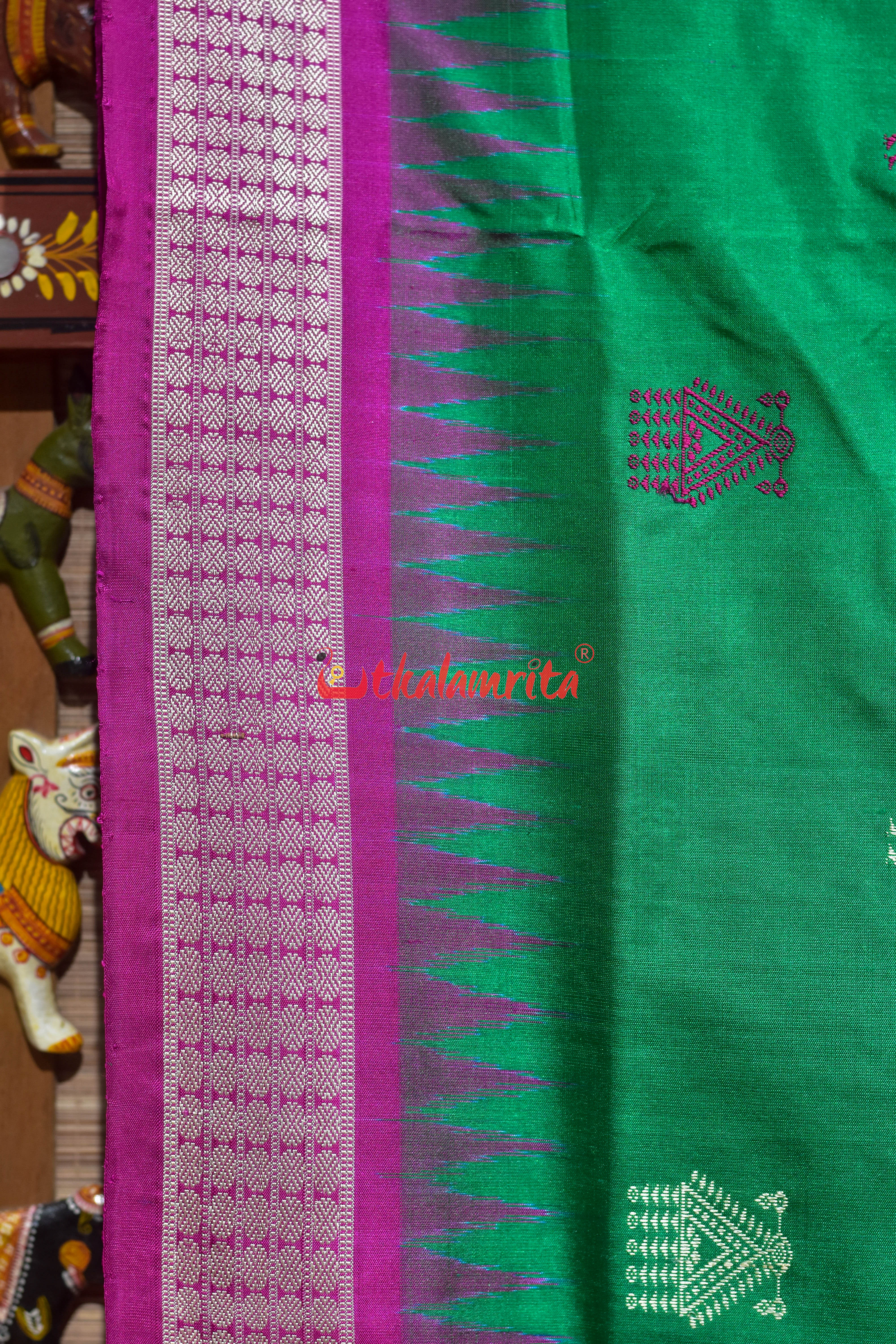 Green Pink Mukuta Bomkai Silk Saree