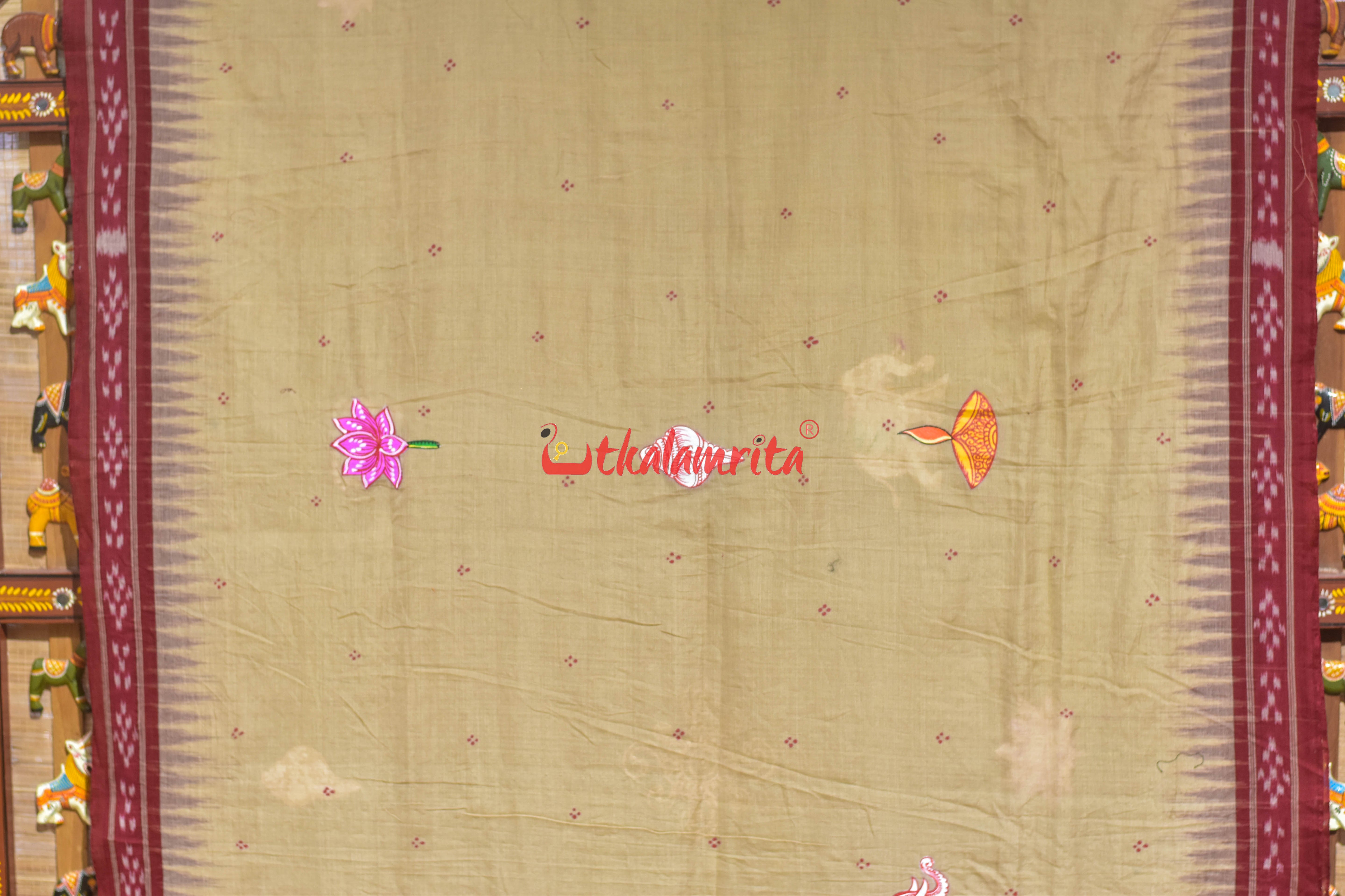 Ghee Maroon Laxmi Puja Pattachitra Cotton Saree