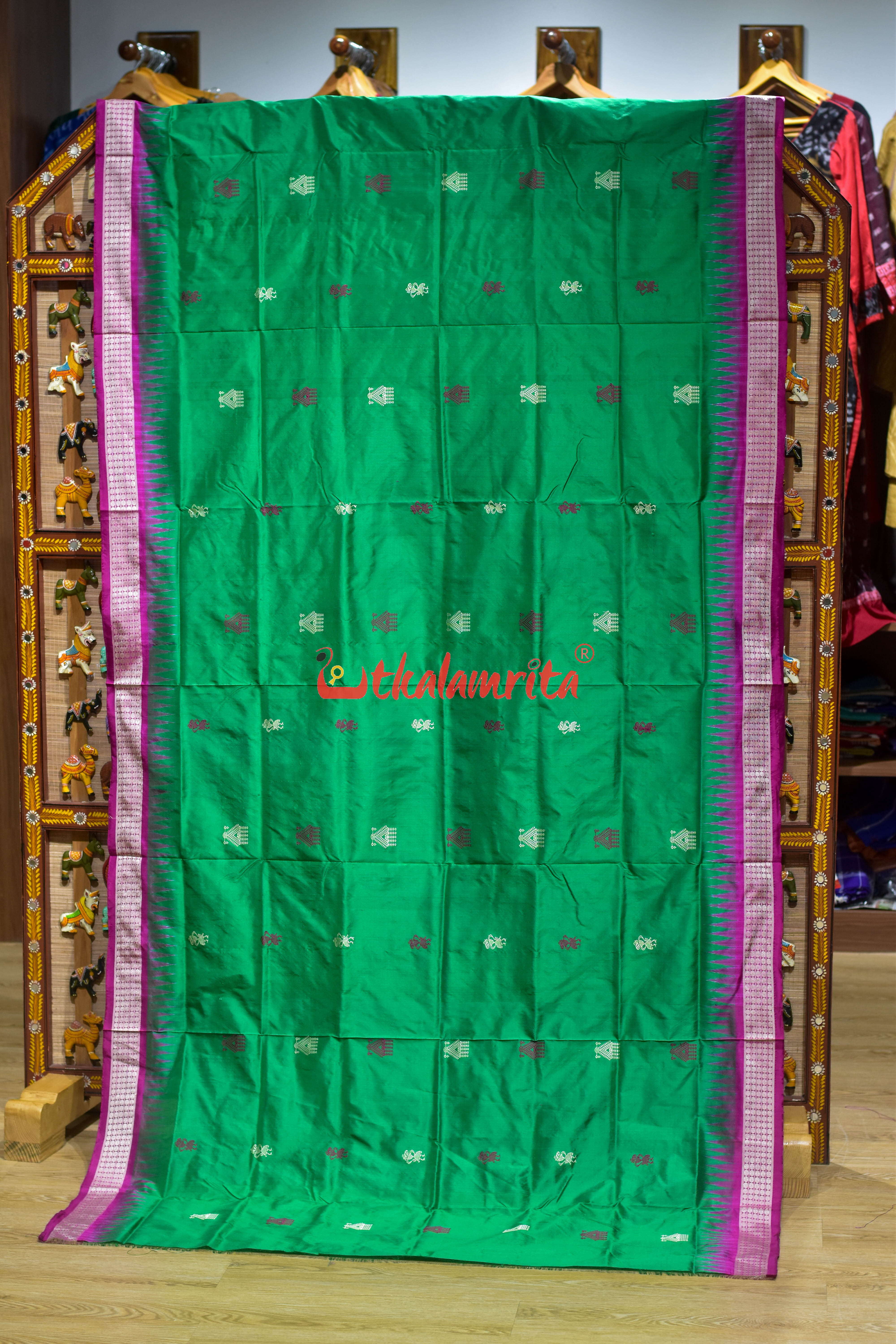 Green Pink Mukuta Bomkai Silk Saree