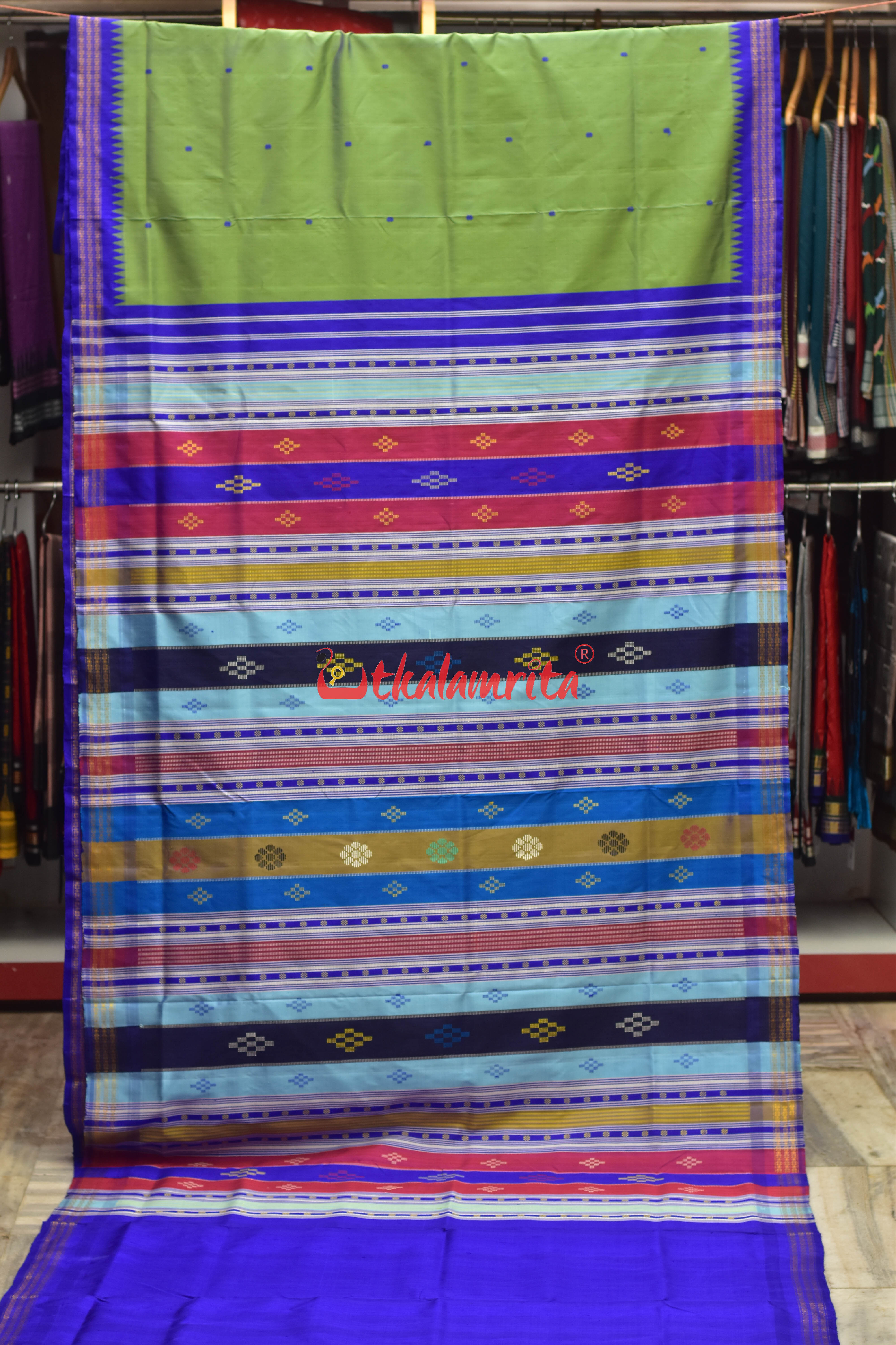 Green Blue Double Anchal Berhampuri Silk Saree
