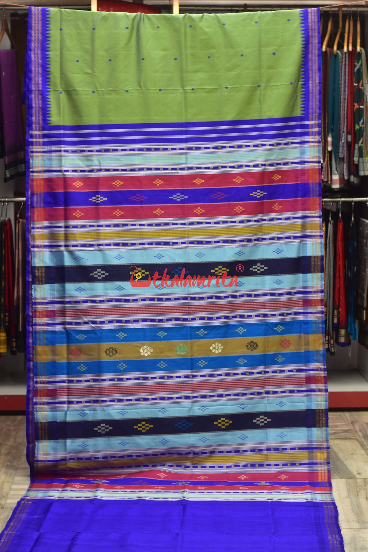 Green Blue Double Anchal Berhampuri Silk Saree