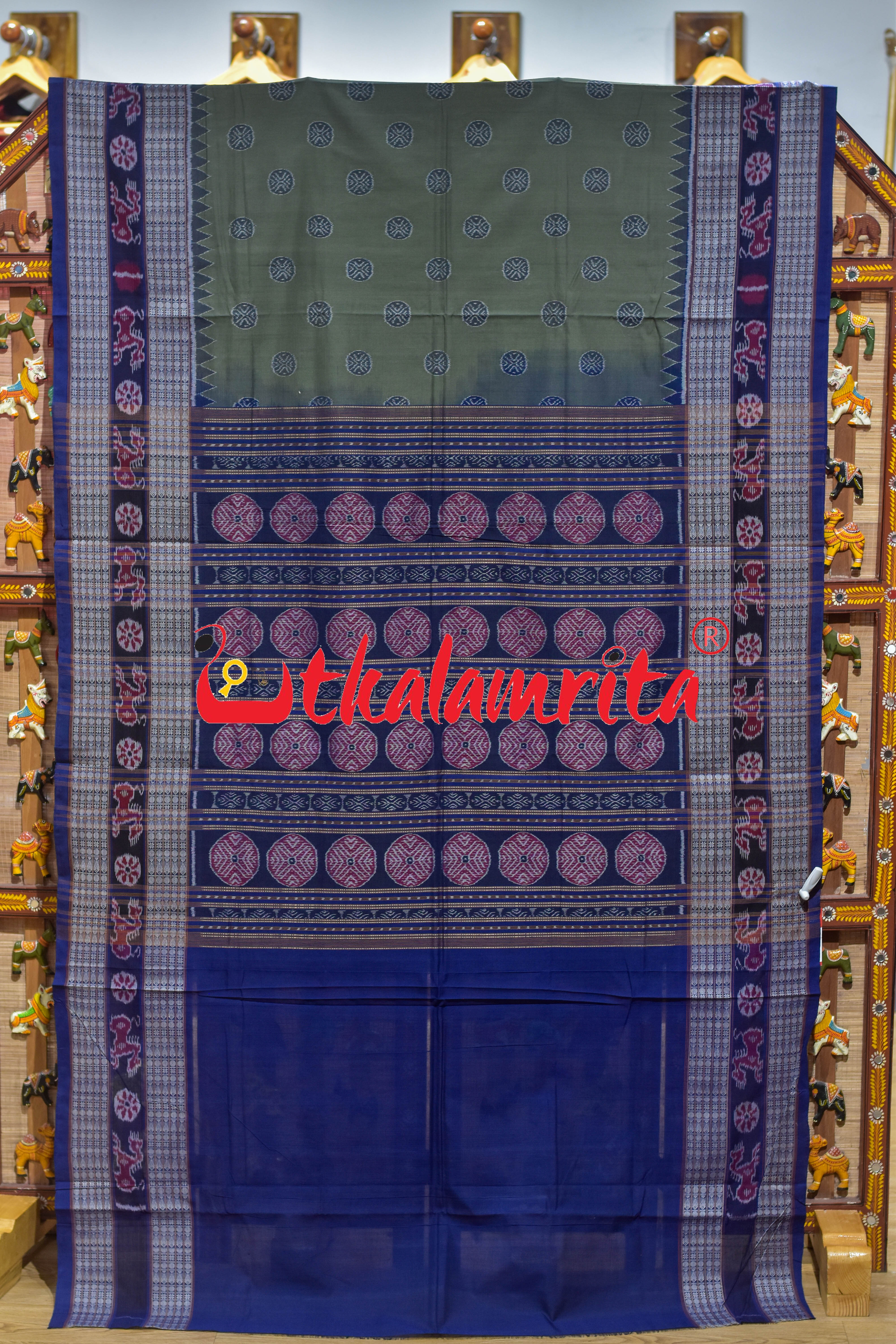 Olive Blue Dasaphuliya Sambalpuri Cotton Saree