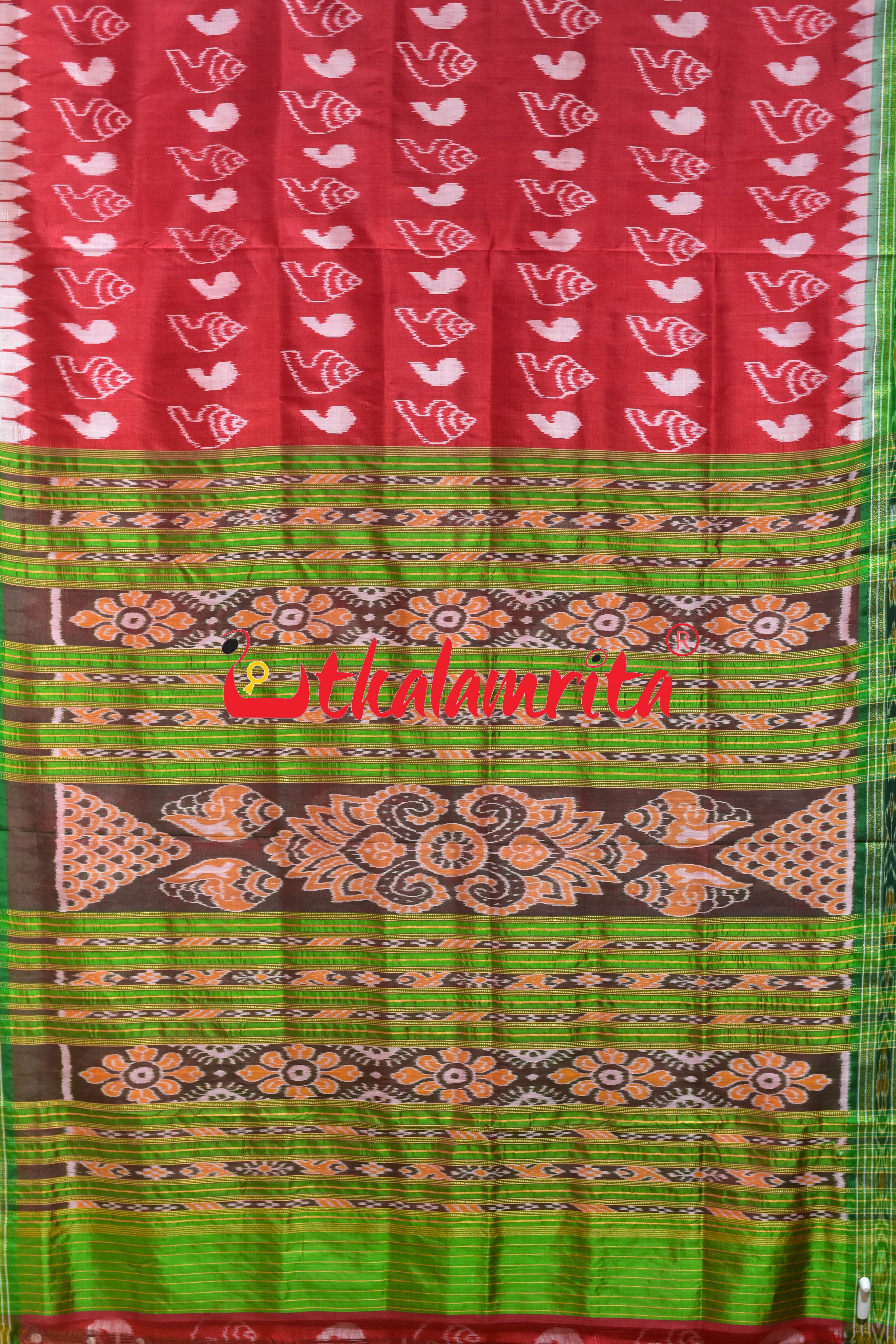 Red Body Sankha with Green Border Khandua Silk Saree