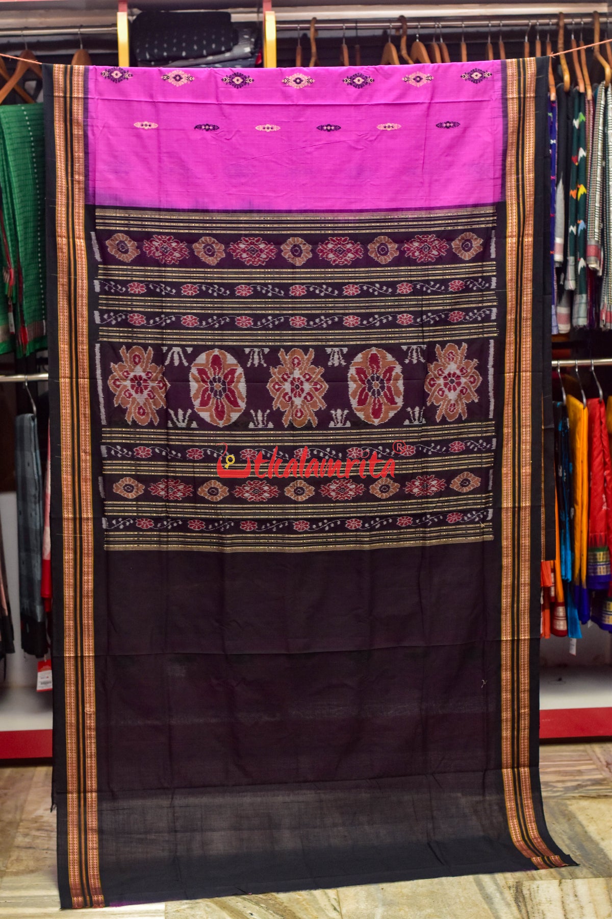 Lavender Black Anchal Bandha Padam Bomkai Cotton Saree