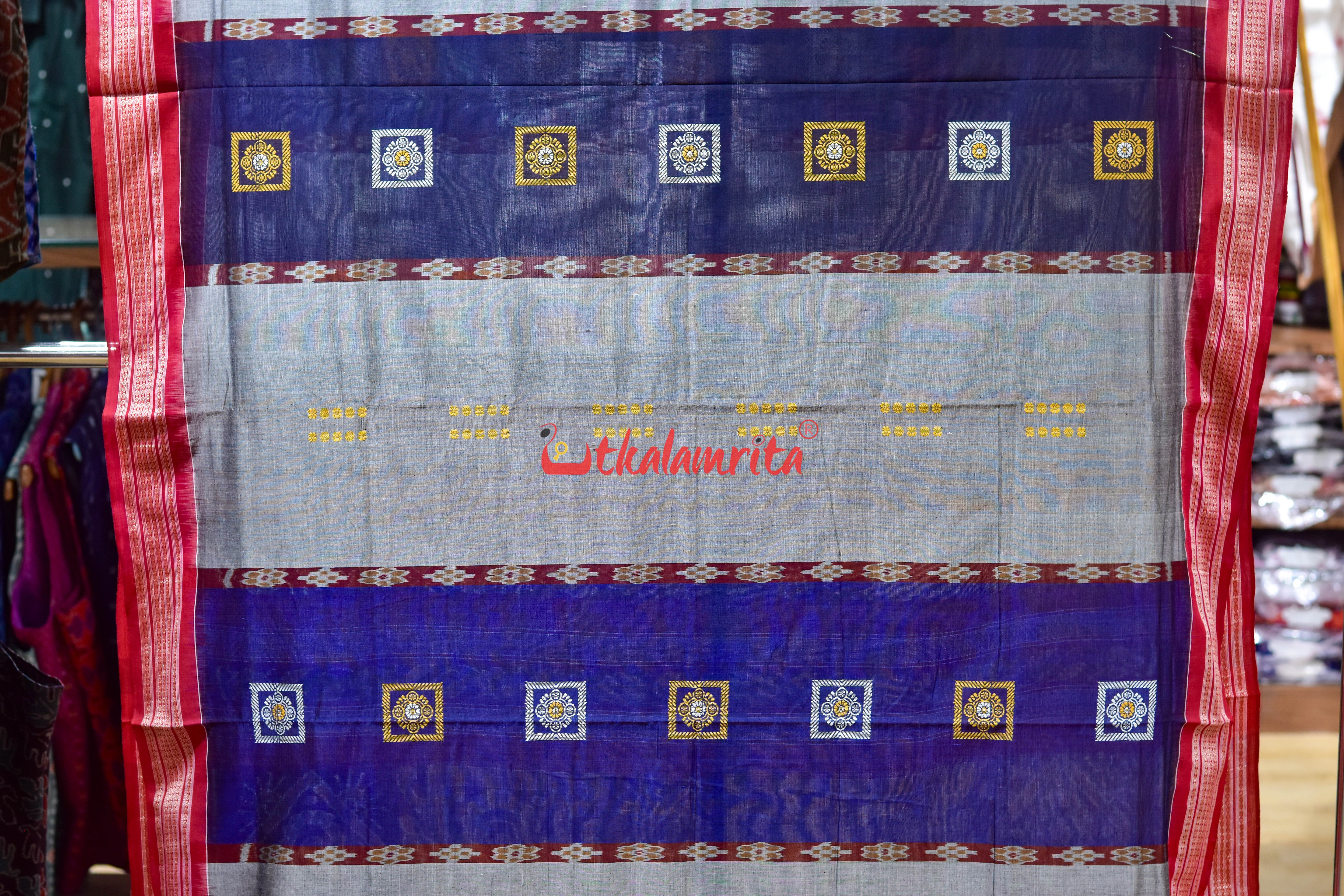 Blue Grey Pere Bandha Bomkai Cotton Saree