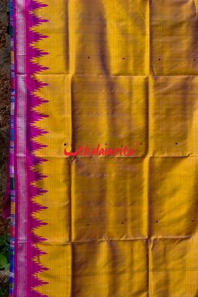 Mustard Deep Blue Pink Ganga Jamuna Double Anchal Berhampuri Silk Saree