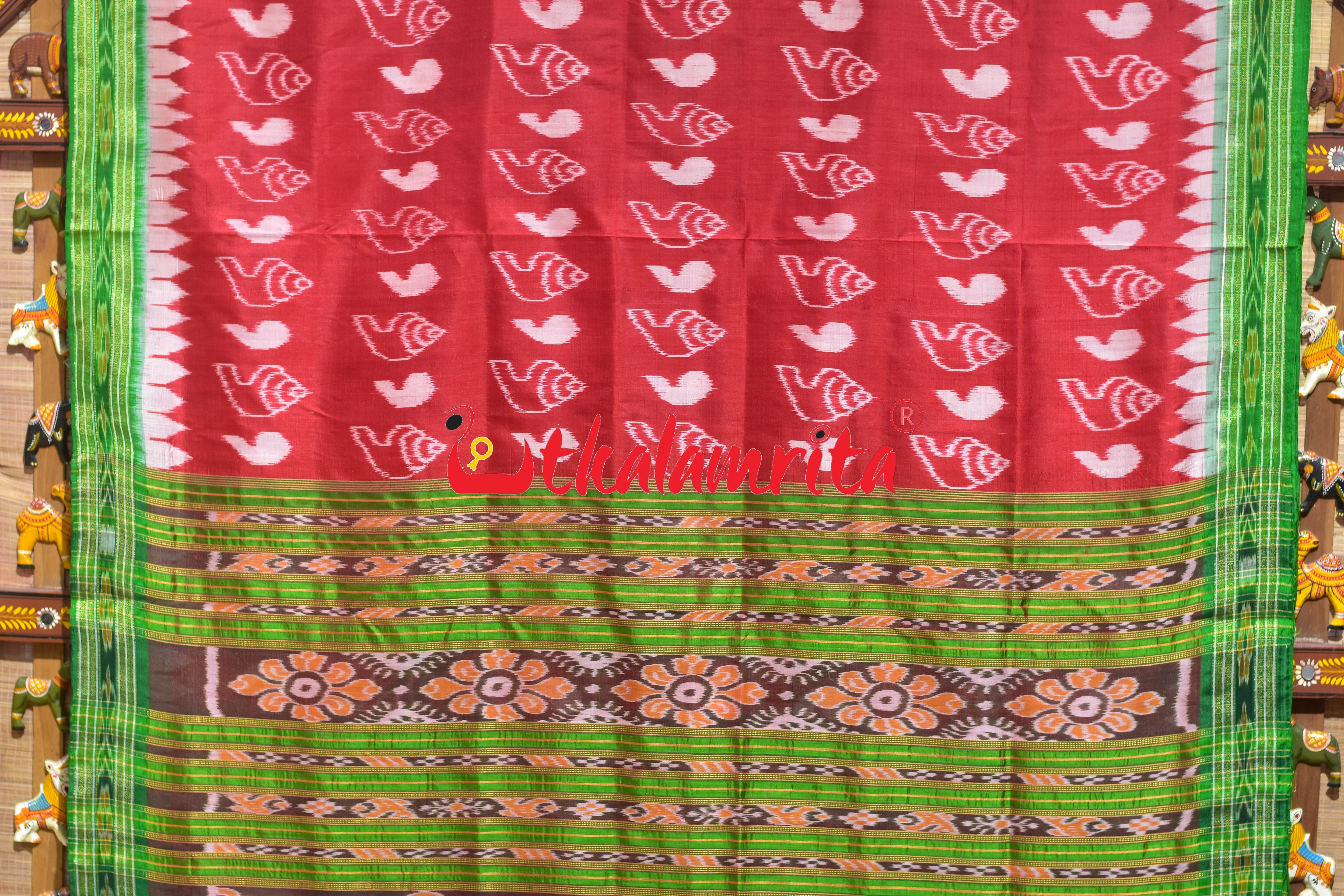 Red Body Sankha with Green Border Khandua Silk Saree