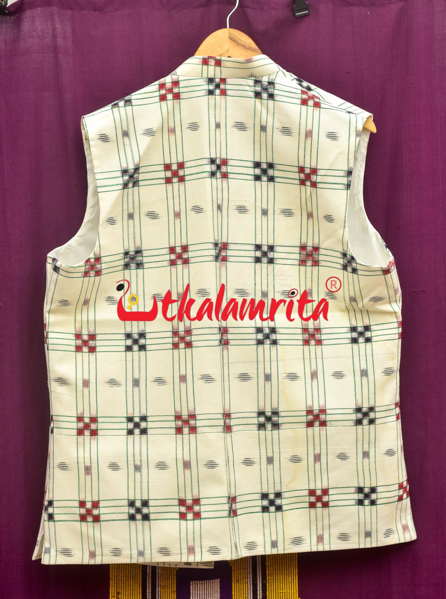 White with Red and Black Pasapali Cotton (Men's Jacket)