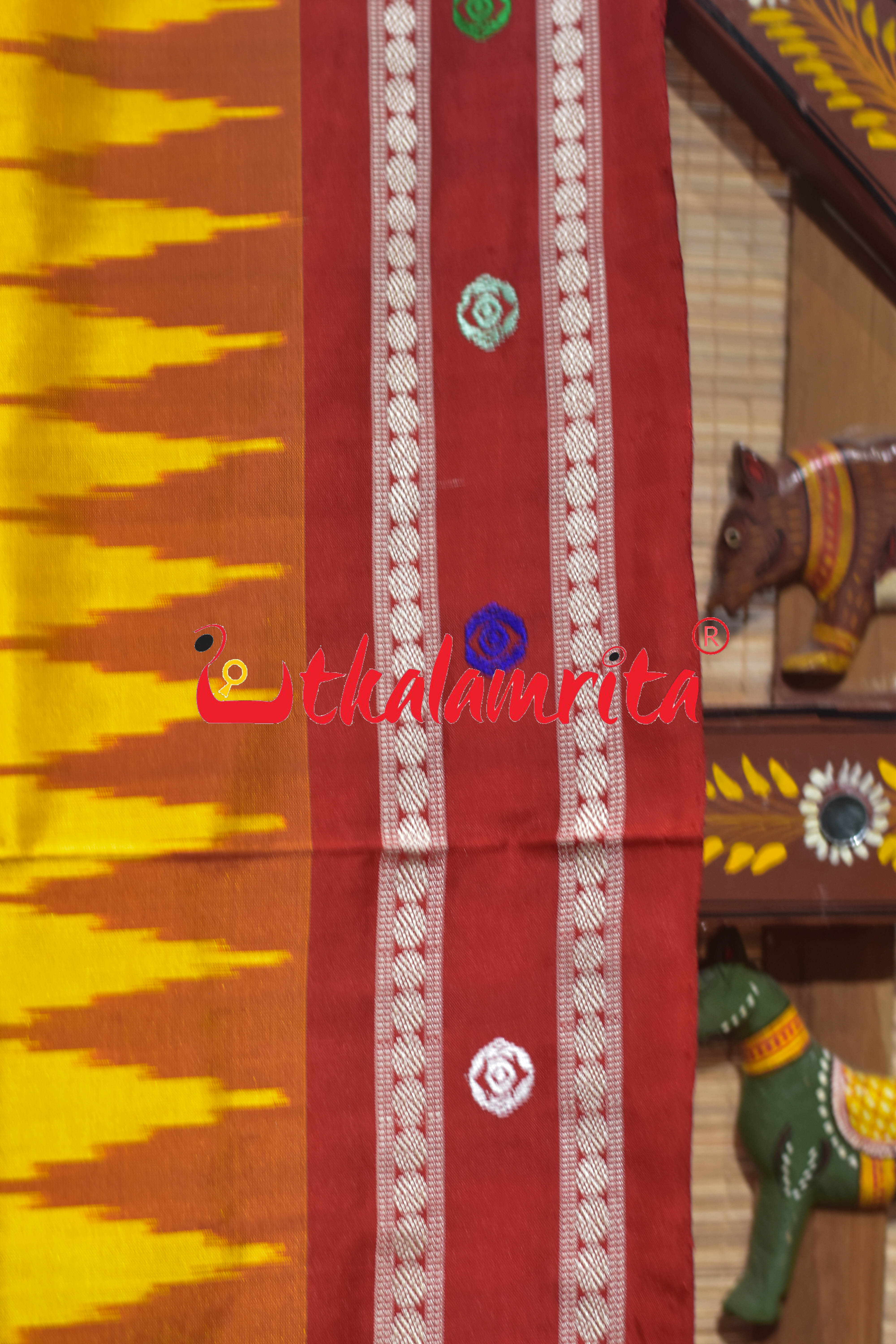 Yellow Red Nilachakra Bomkai Silk Saree
