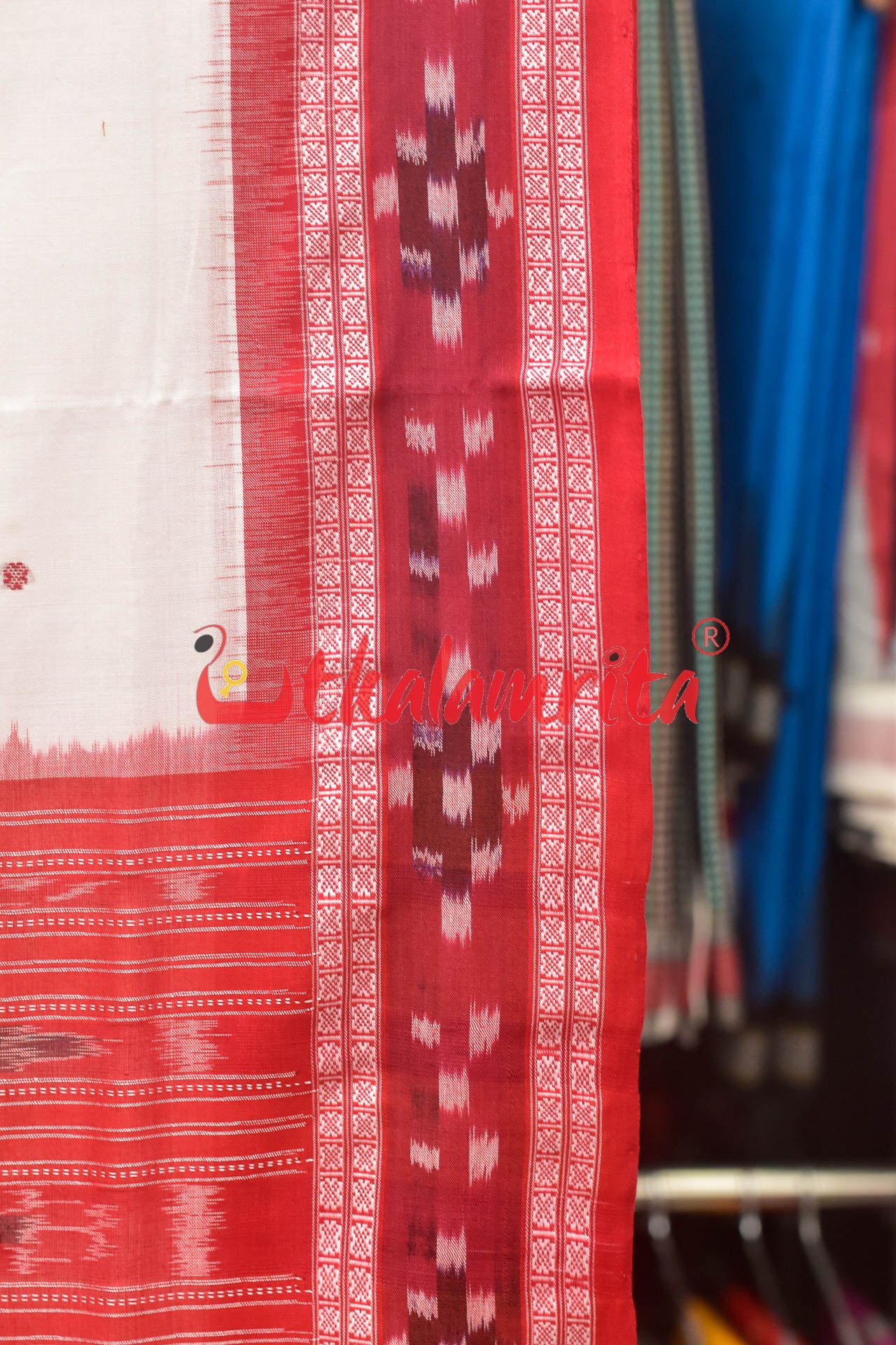 White Red Buti Cotton Saree