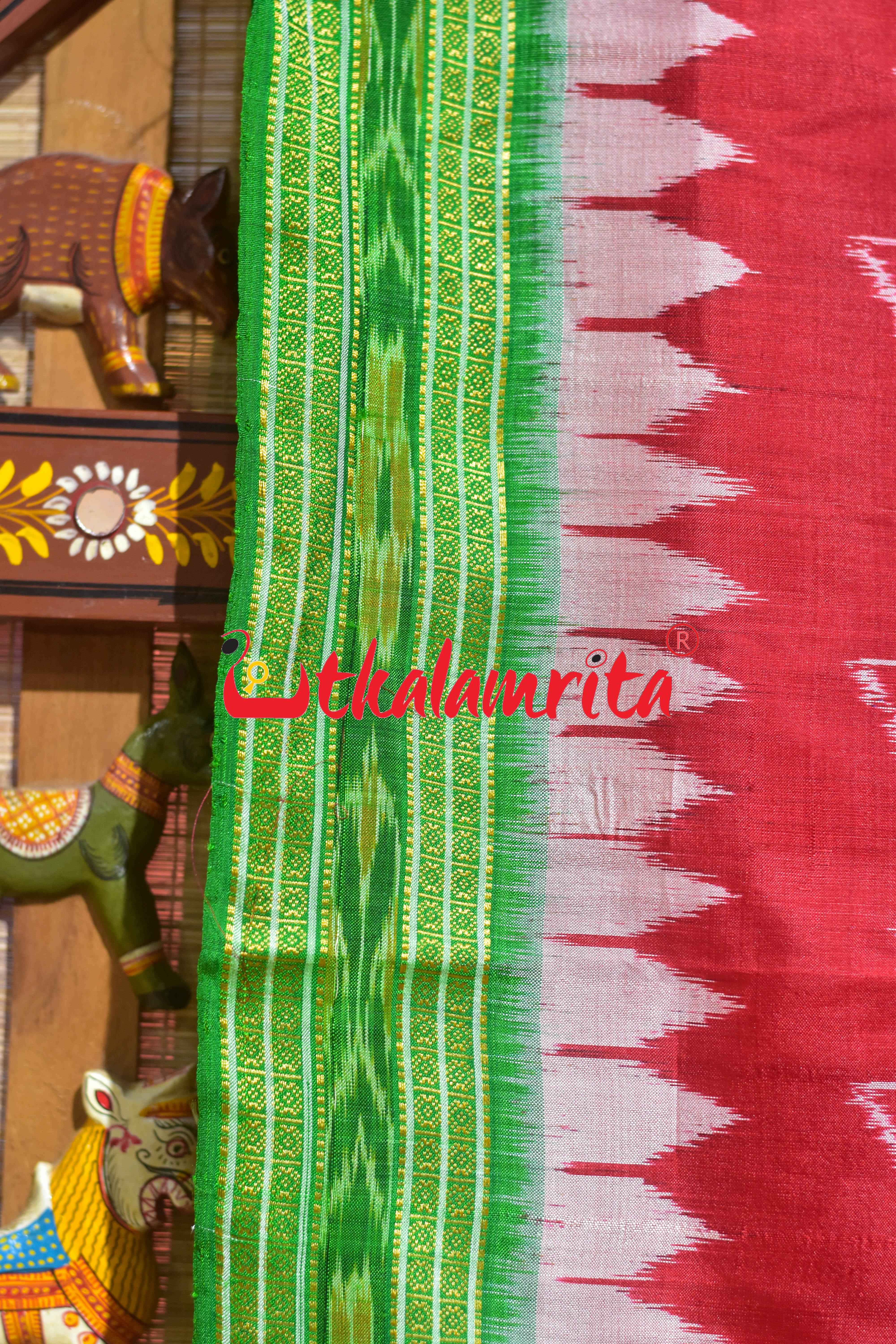 Red Body Sankha with Green Border Khandua Silk Saree