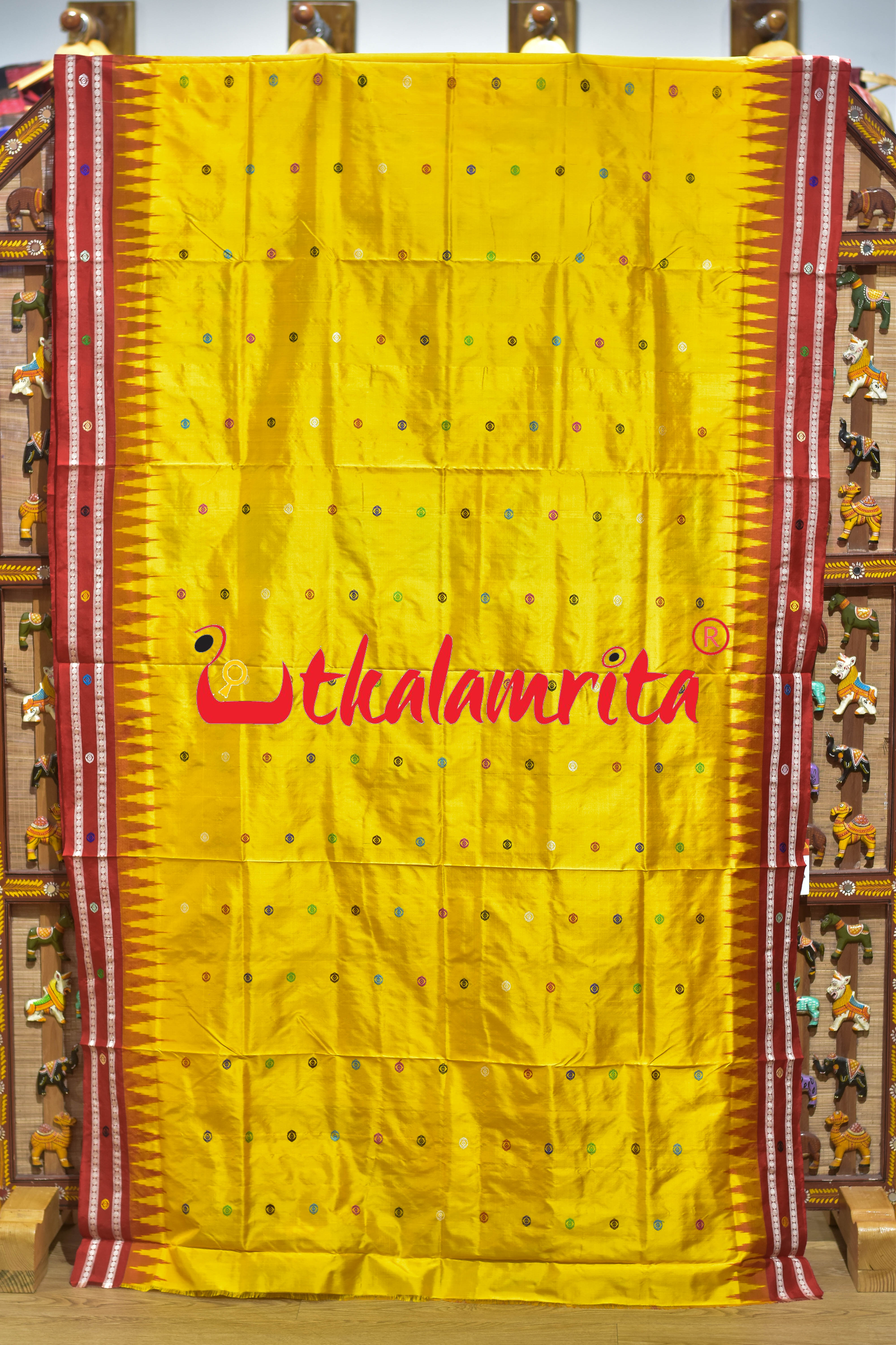 Yellow Red Nilachakra Bomkai Silk Saree