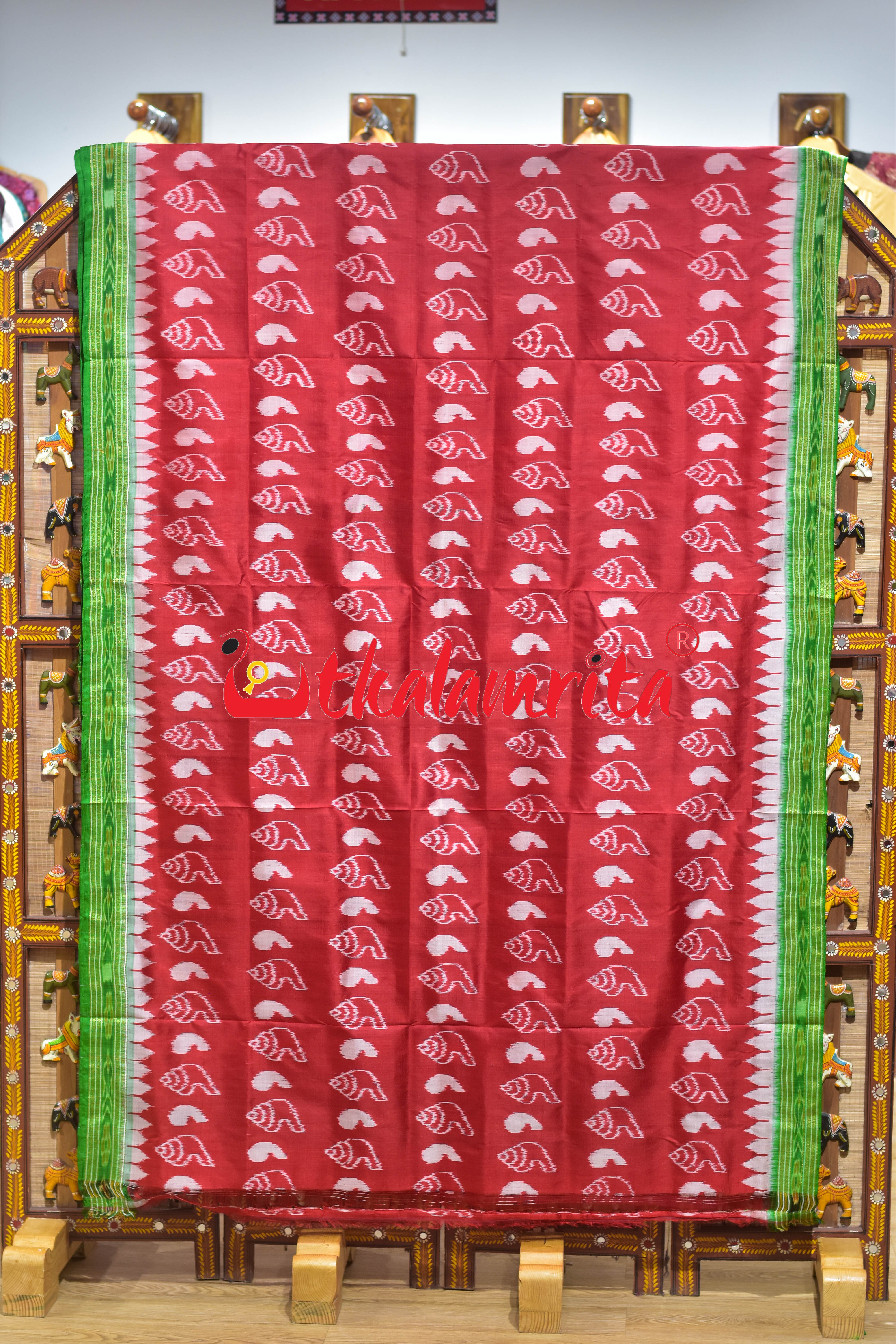 Red Body Sankha with Green Border Khandua Silk Saree