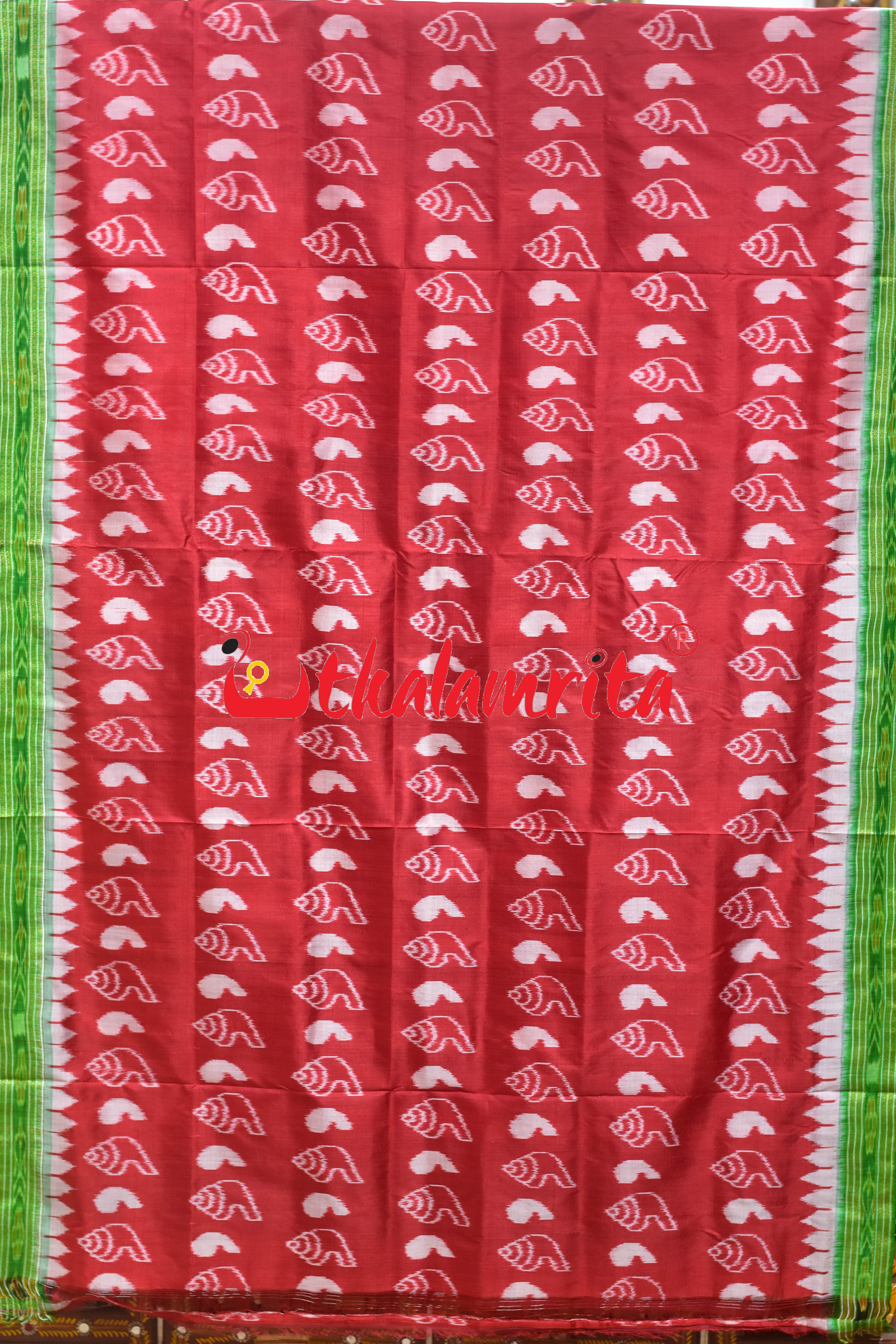 Red Body Sankha with Green Border Khandua Silk Saree