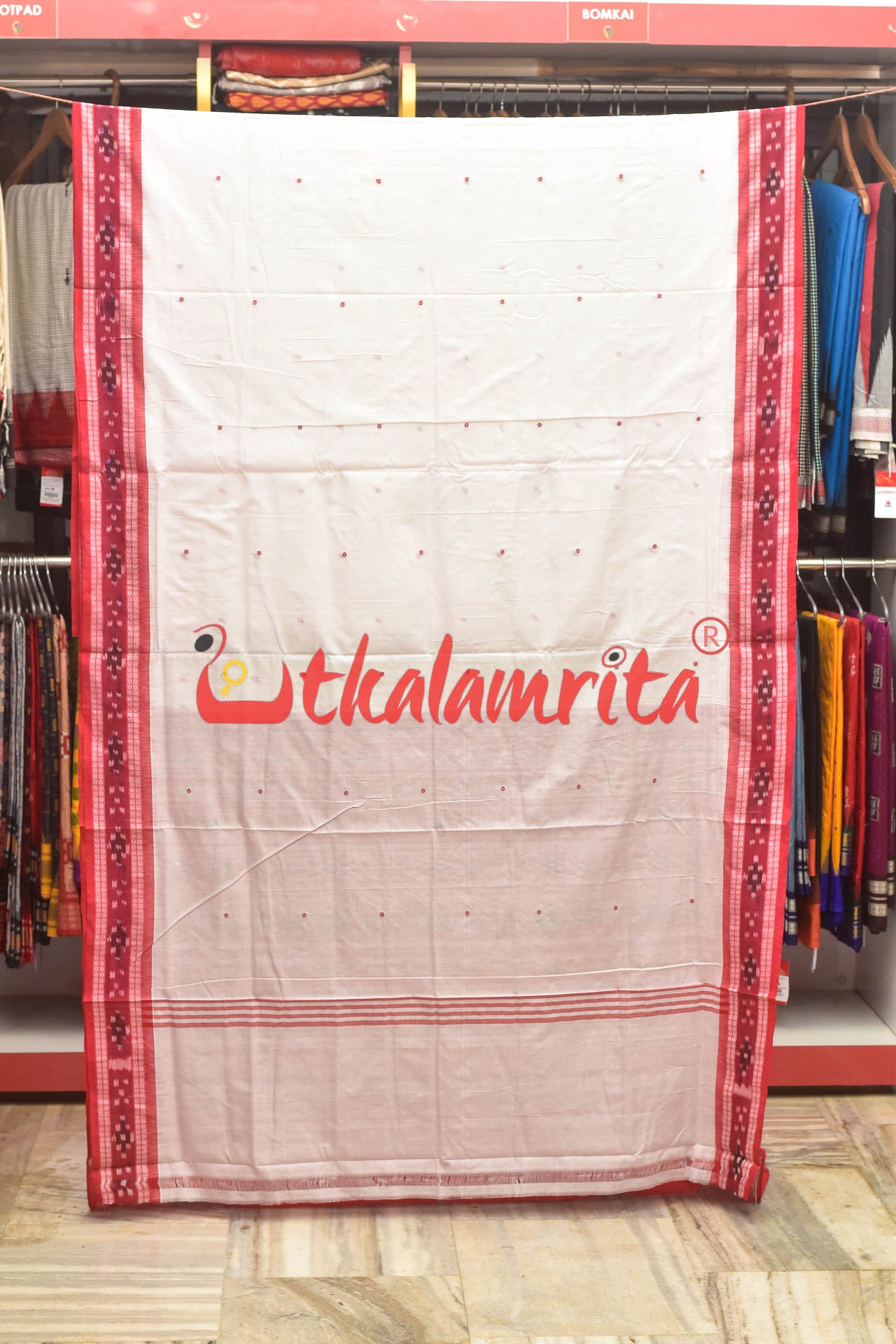 White Red Buti Cotton Saree