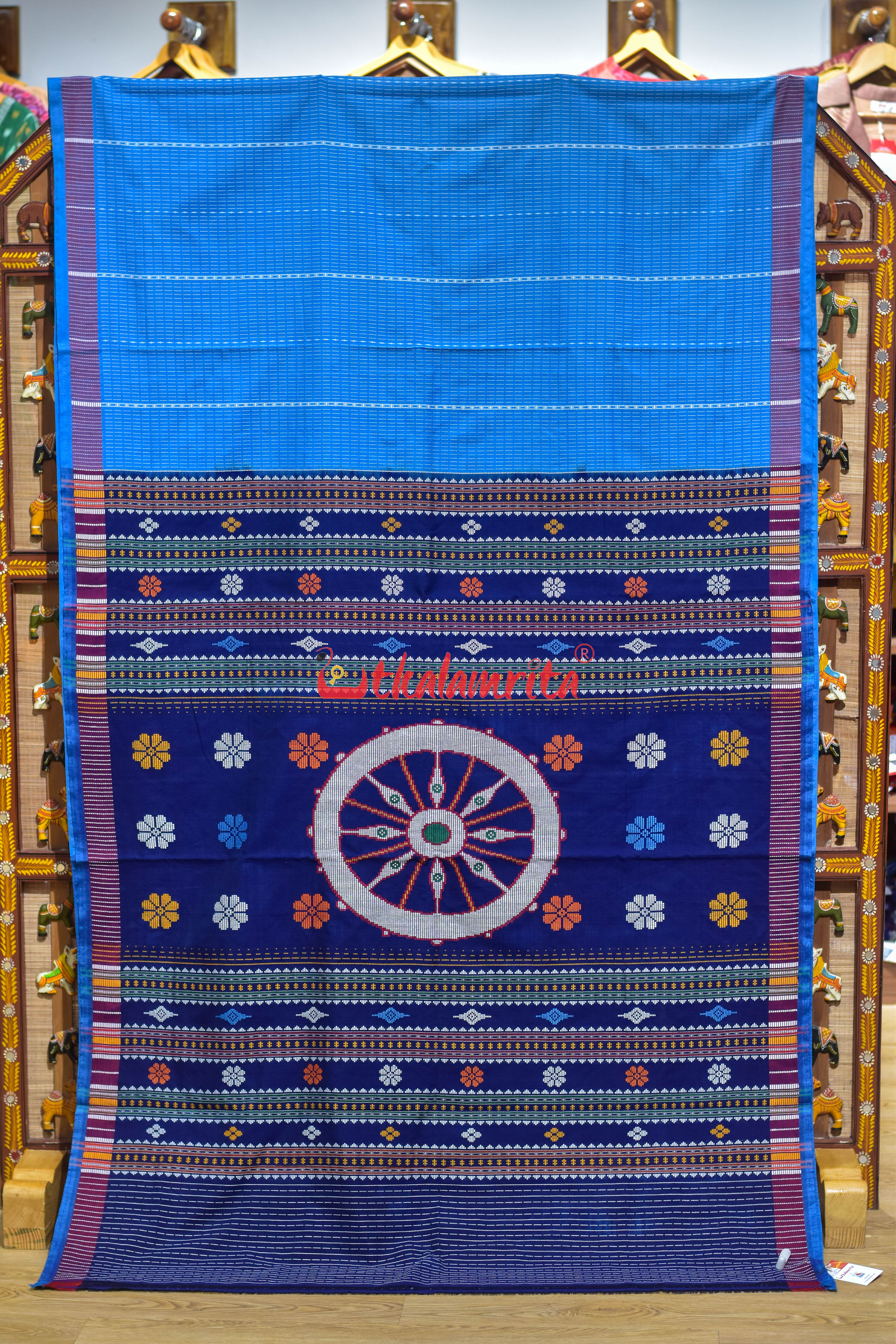 Blue konark Wheel Dhalapathara Cotton Saree