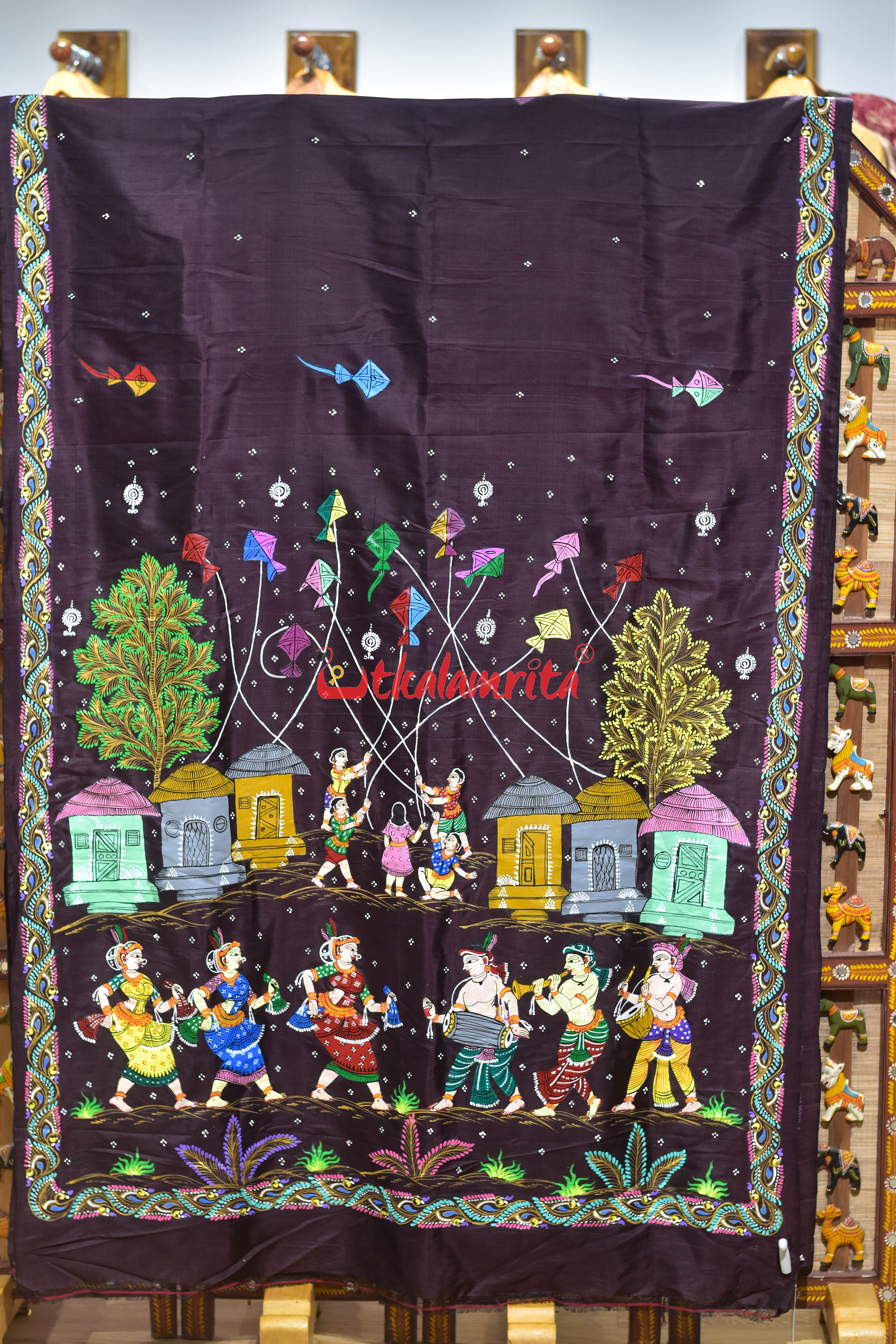 Coffee Makara Sankrati Pattachitra Silk Saree