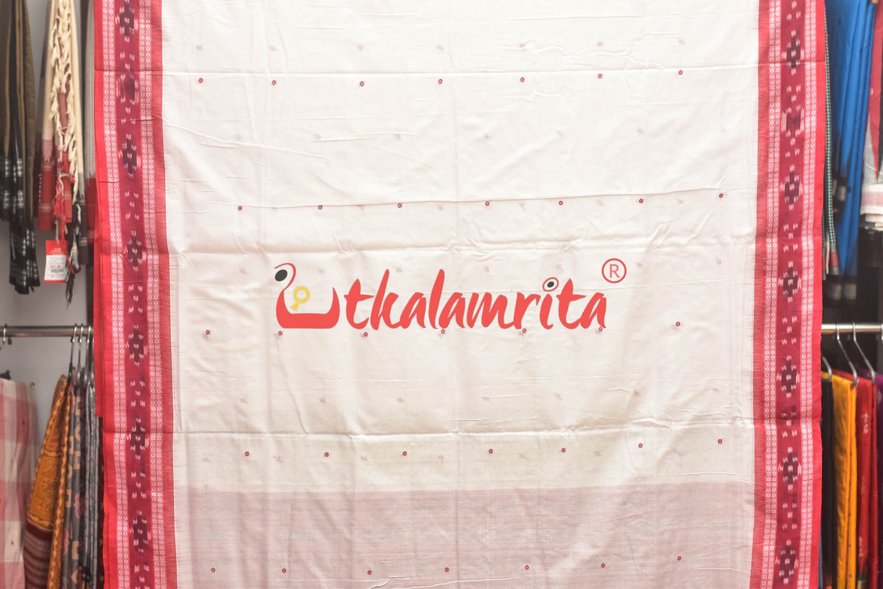 White Red Buti Cotton Saree