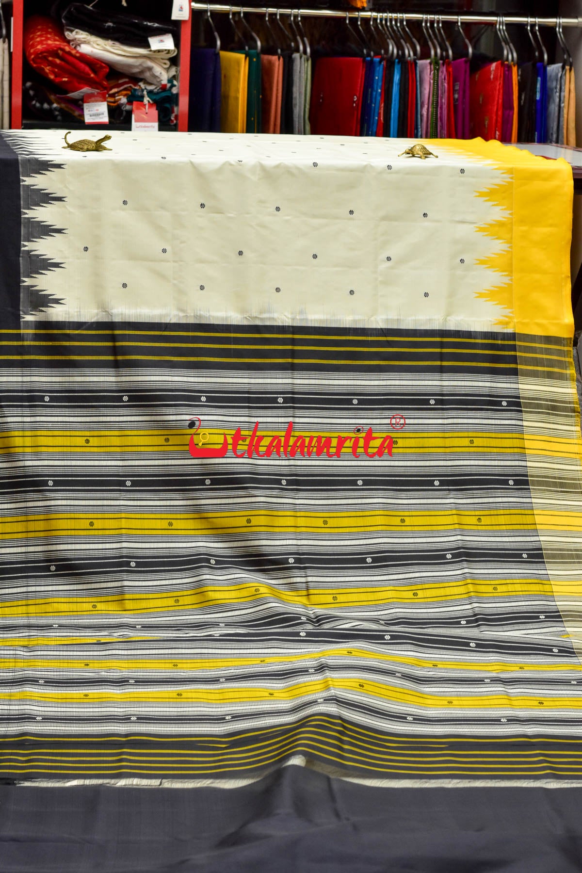 White Yellow Black Ganga Jamuna Double Anchal Berhampuri Silk Saree
