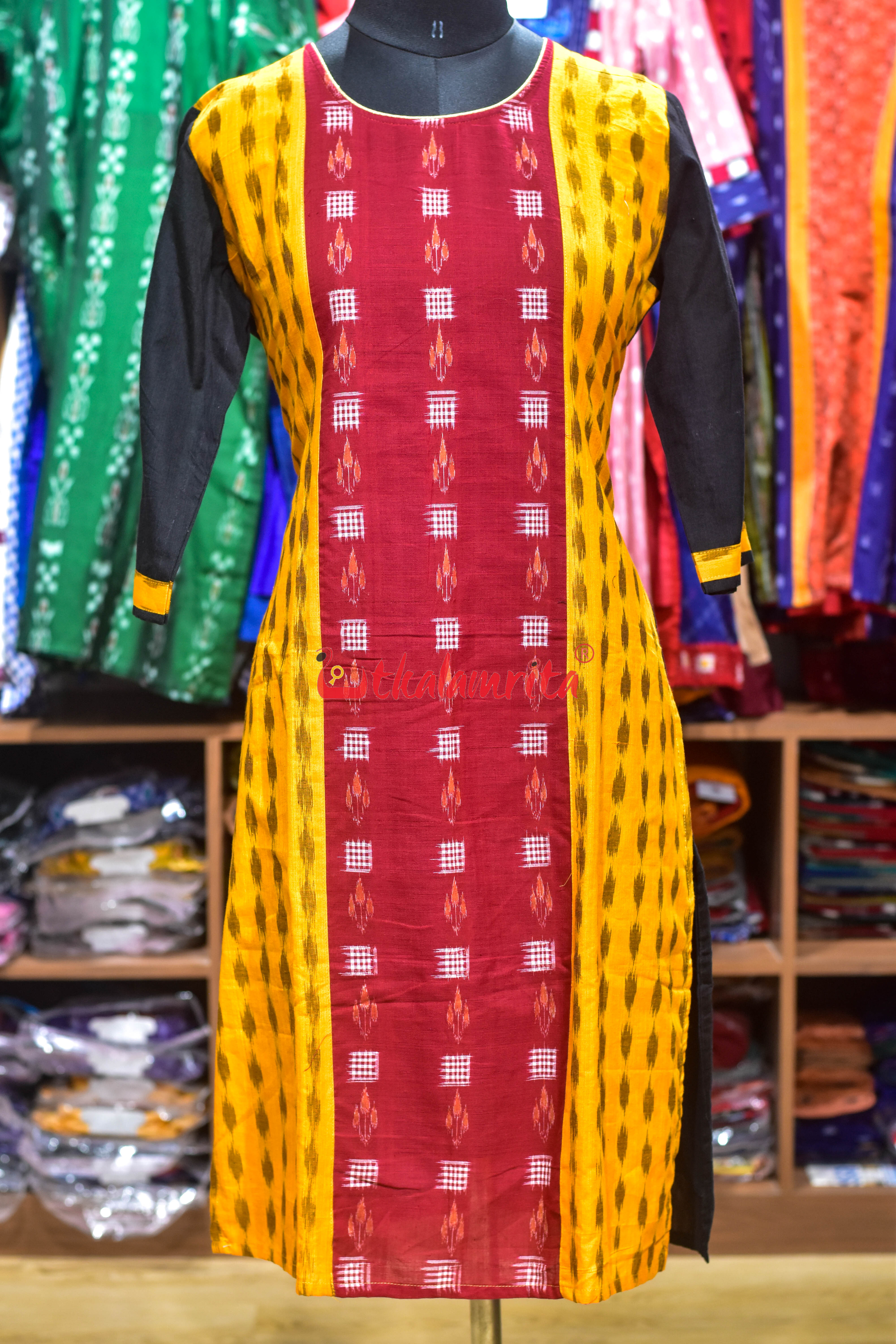 Maroon Mustard Ikat Elegance (Ladies Kurti)