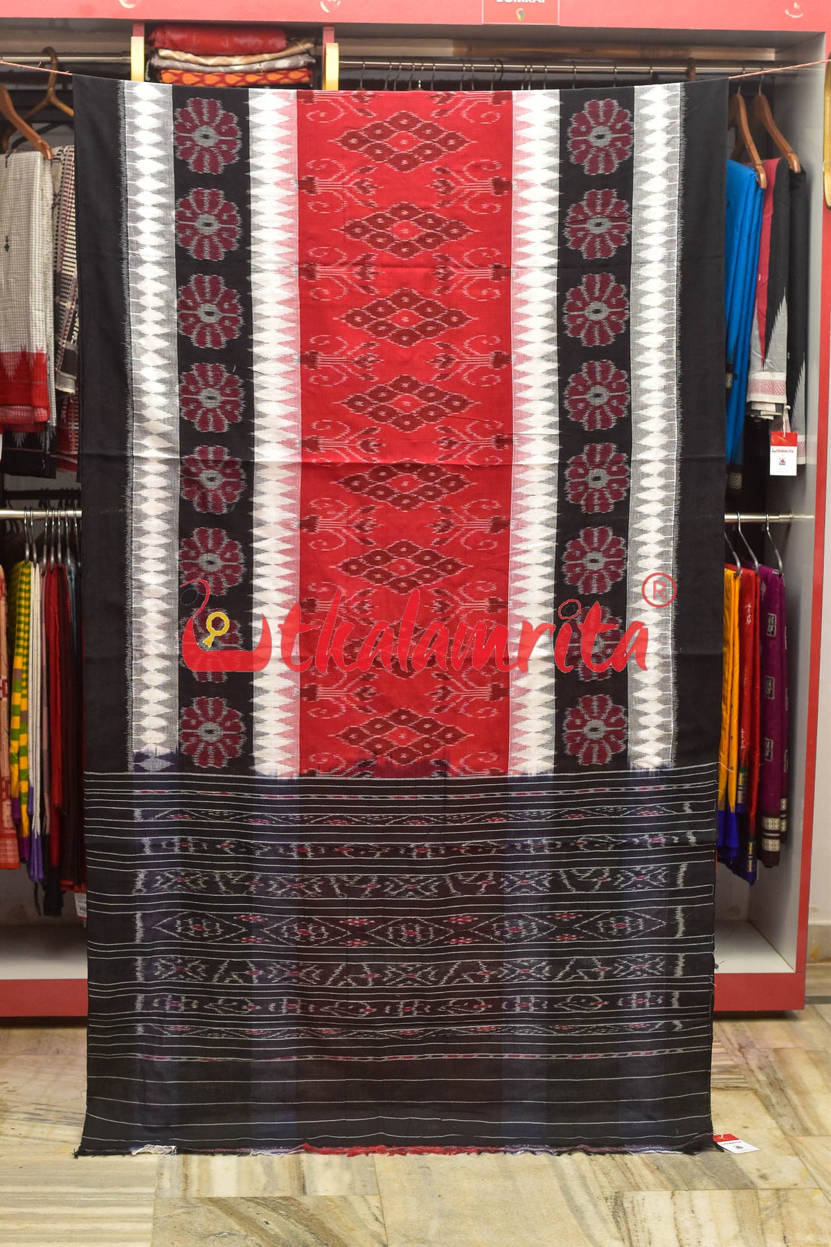 Black and Red Bandha Khandua Cotton Saree